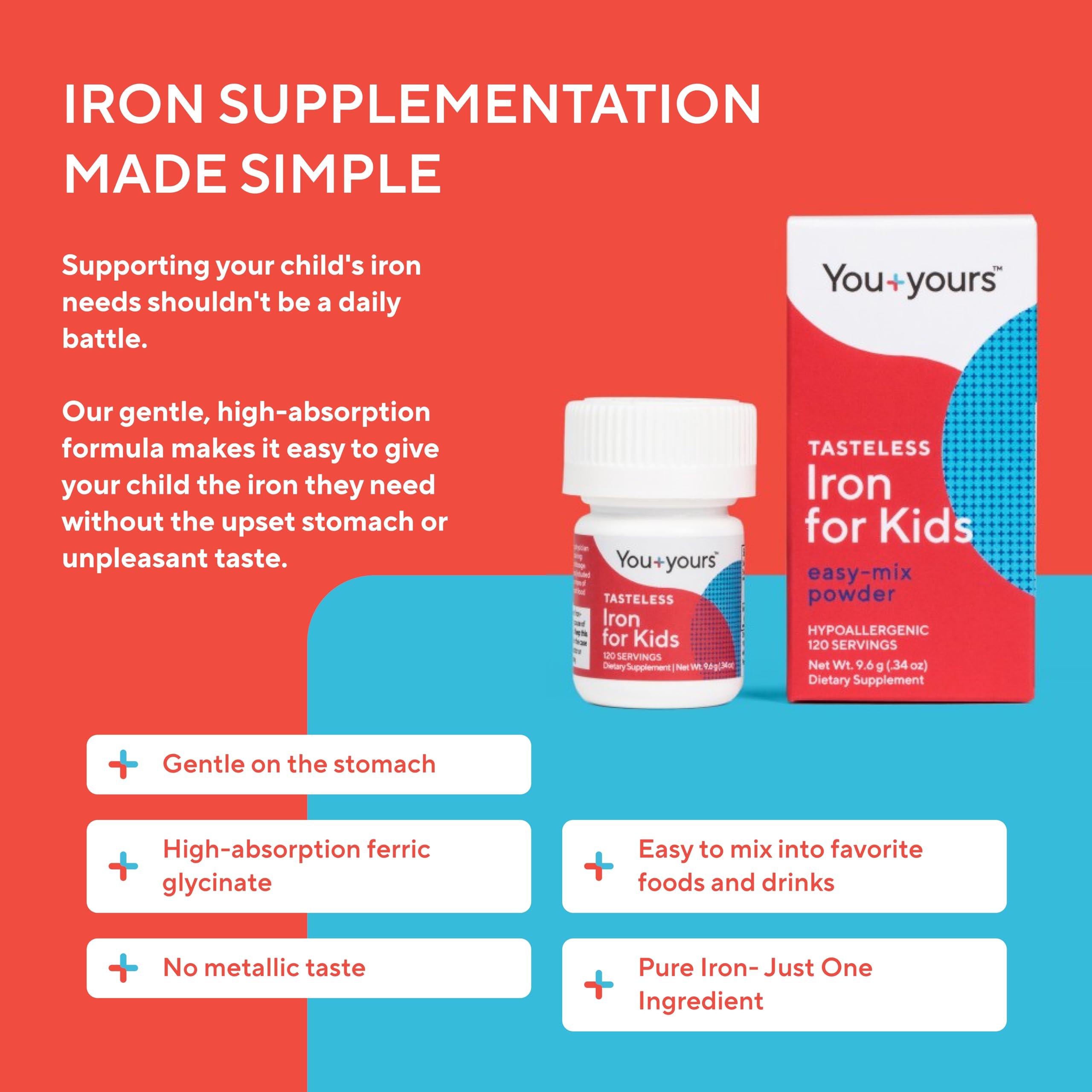 You+yours Tasteless Iron for Kids + Toddlers- 4-Month Supply- No Sweeteners, Flavors or Preservatives. Add to Beverages or Food. Pure, Flavorless Children\'s Iron Supplement.