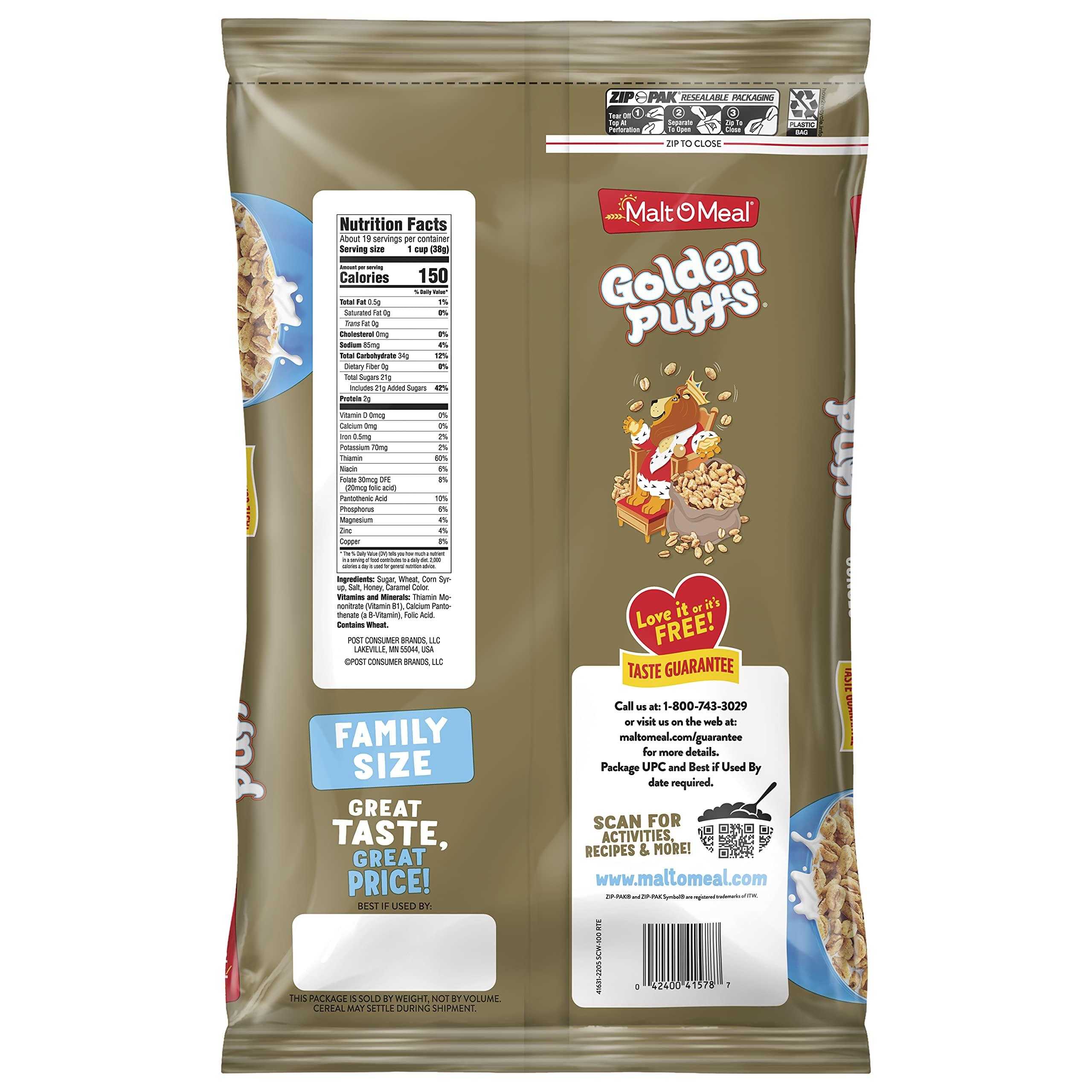 Malt-O-Meal Malt-O-Meal Golden Puffs Breakfast Cereal, Sweetened Puffed Wheat Cereal, Bulk Family Size Cereal, 25 OZ Resealable Cereal Bag