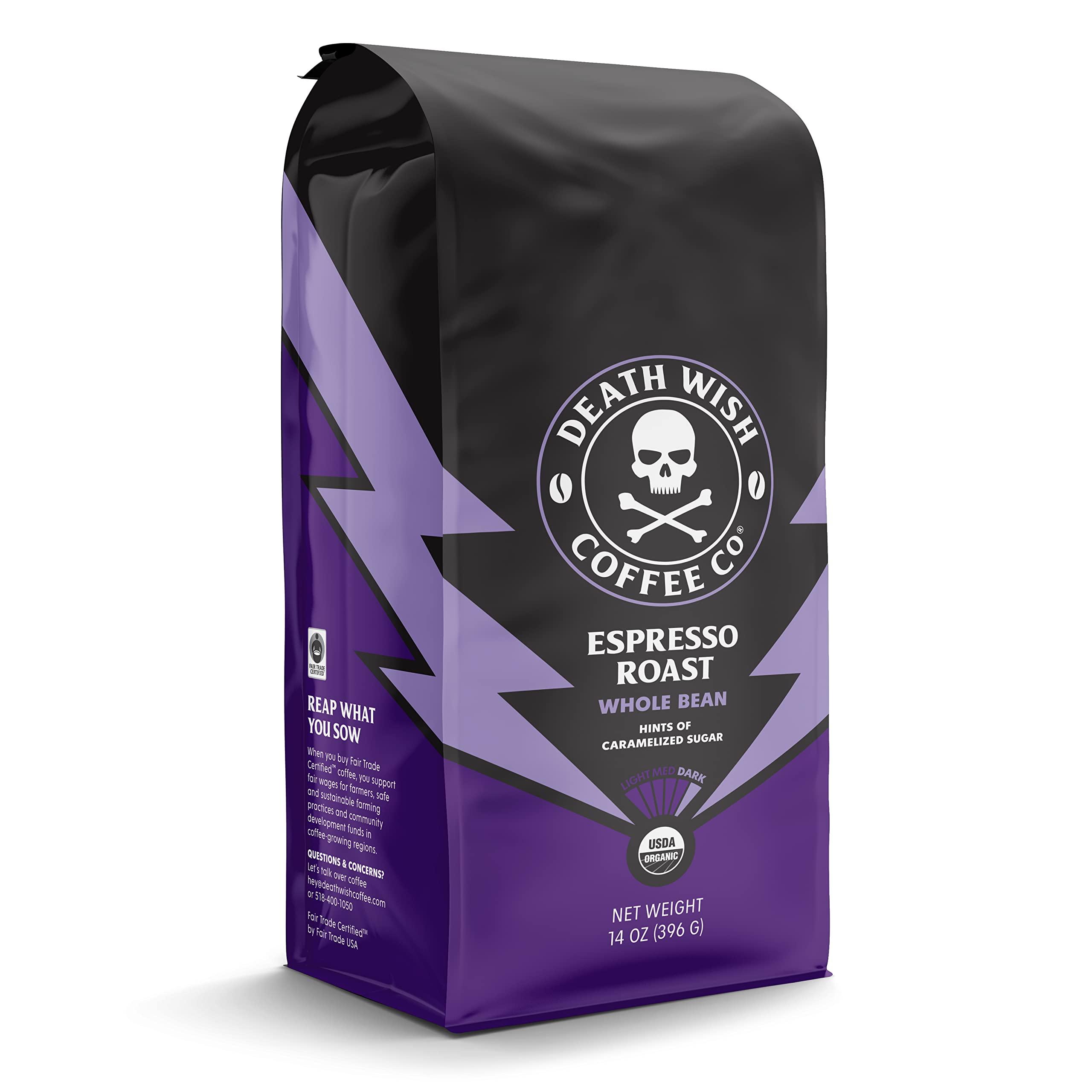 Death Wish Coffee Co. Death Wish Coffee Co. Whole Bean Espresso Roast - Organic, Fair Trade, Arabica and Robusta Coffee Beans, 14 ounce (Pack of 1)