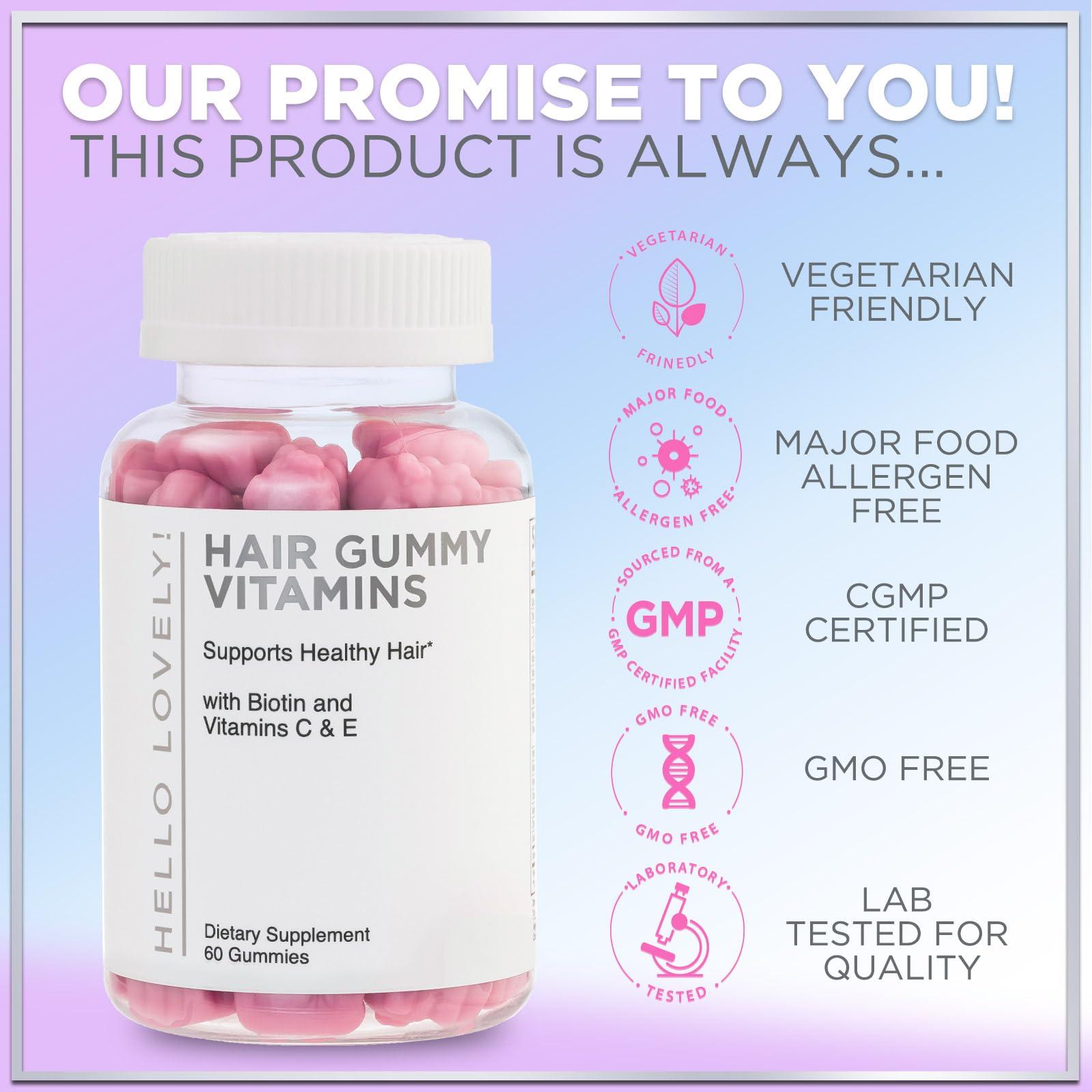 Hello Lovely! Hello Lovely! Hair Vitamins Gummy with Biotin 5000 mcg Vitamin E & C Support Hair Growth, Premium Vegetarian Non-GMO, for Stronger Beautiful Hair, Skin & Nails Supplement - 60 Bear Gummies