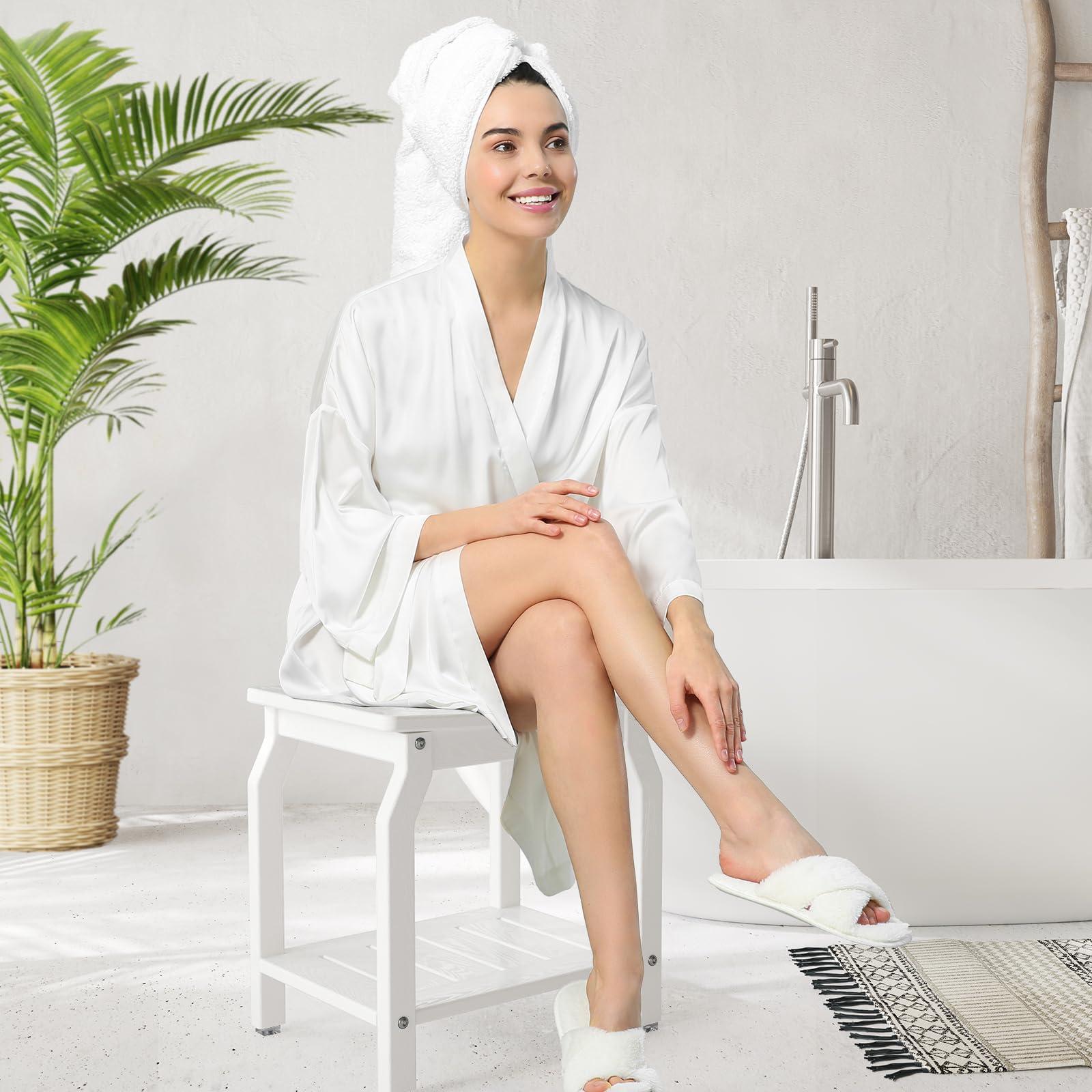 LOENIY LOENIY 2-Tier HDPE Shower Bench with Non-Slip Foot Pads, Wood-Like Spa Shower Stool for Inside Shower, Ergonomic Water-Proof Bathroom Bench Seat with Storage Shelf, for Seniors & Adults (White)