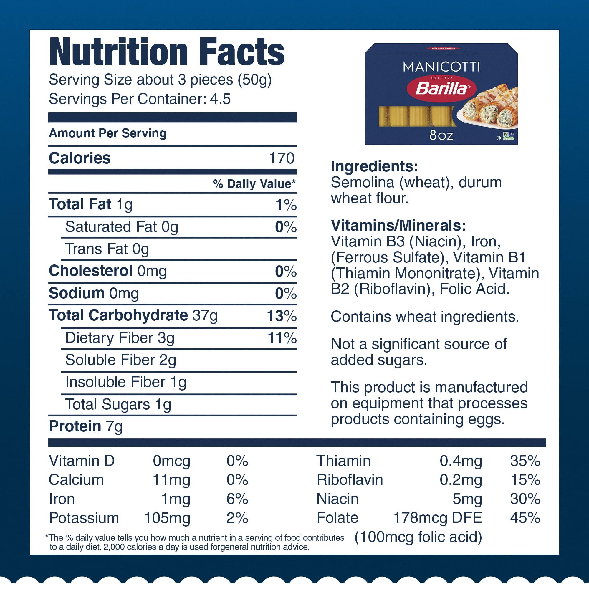 Barilla Barilla Manicotti Pasta, 8 oz. Box - Non-GMO Pasta Made with Durum Wheat Semolina - Kosher Certified Pasta