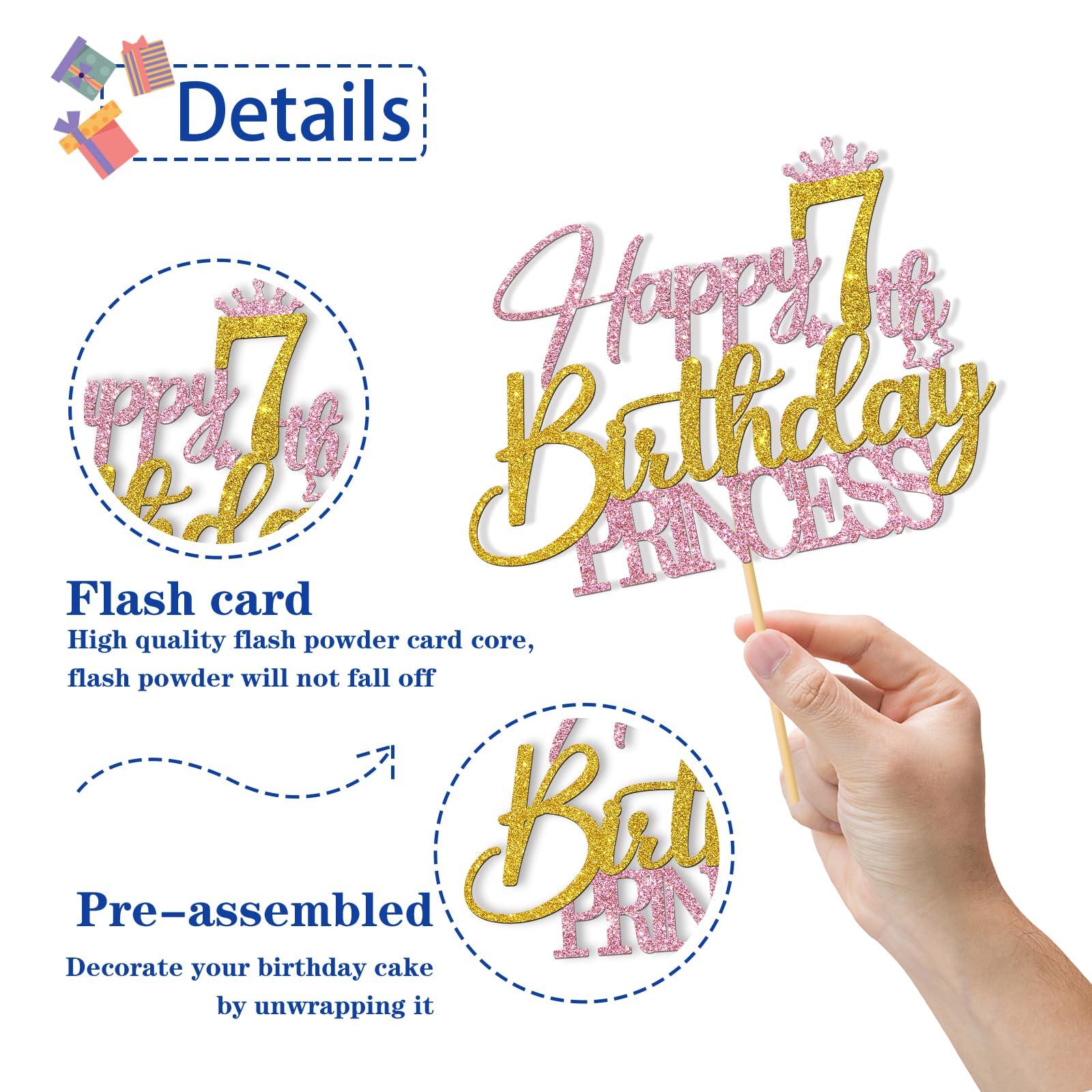 RoadSea RoadSea Princess 7th Birthday Cake Topper - Happy 7th Birthday Cake Supplies for Girl - Girl Seven Years Old Birthday Party Decorations - Pink & Gold Glitter (7th)