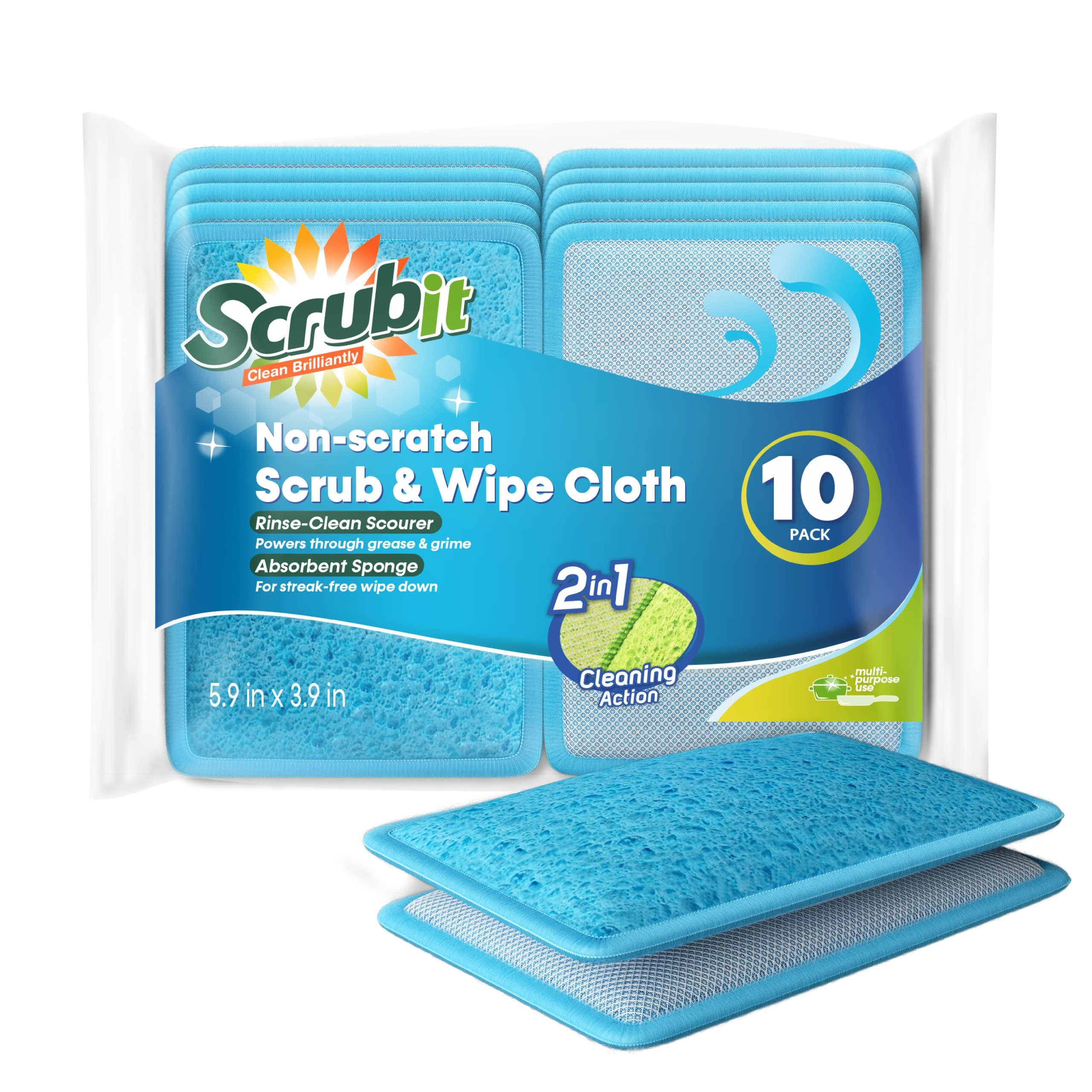 SCRUBIT Scrub and Wipe Cleaning Sponges [10 Pack] SCRUBIT Dual Sided Scouring Pad and Sponge - Reusable Kitchen Scrubbing Sponges for Dishes, Pots, Pans Utensils & Non-Stick Cookware (Blue)