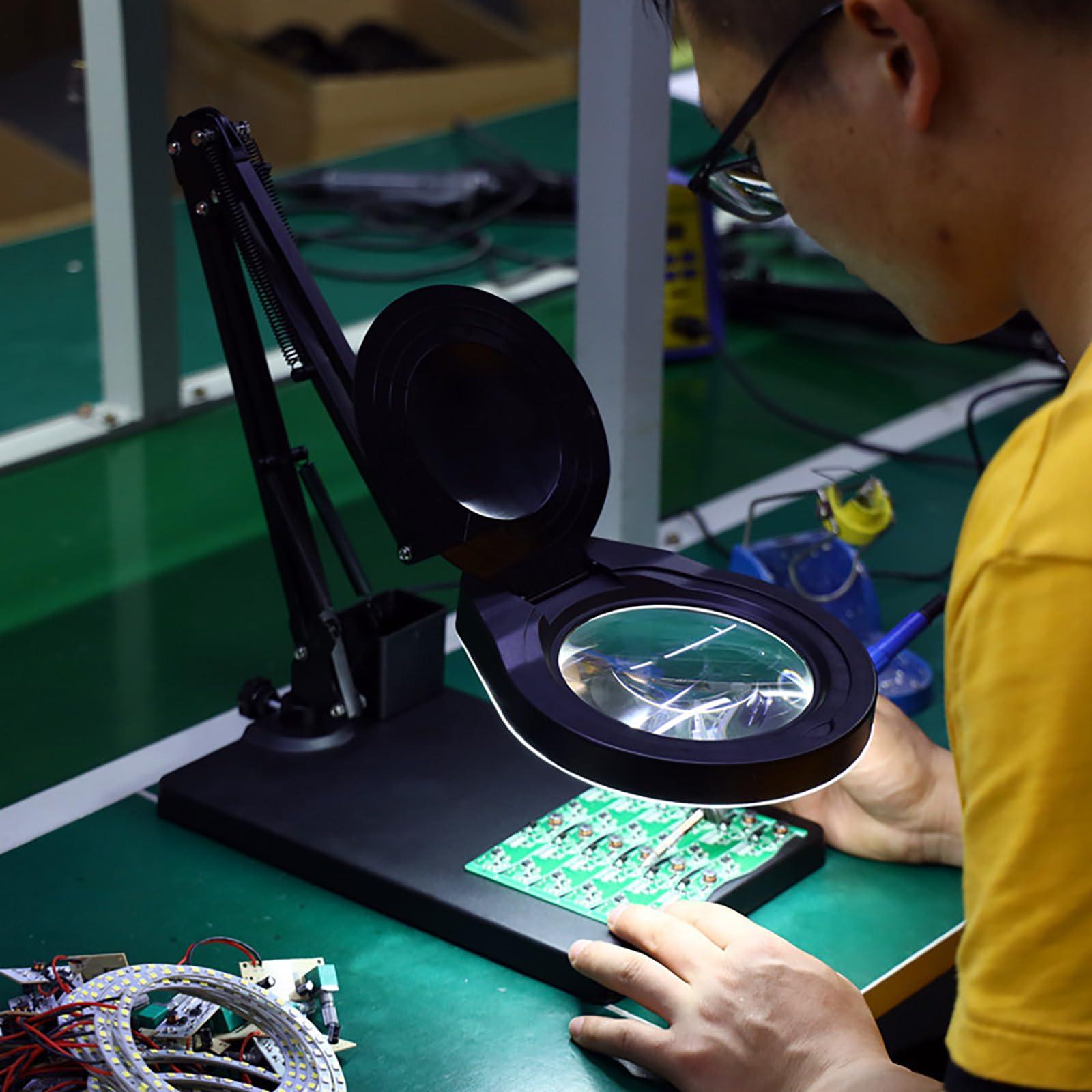 GLocKi Magnifying Glass with Light and Stand, 10X Magnifying Lamp, 5" Large Optical Glass Lens, Adjustable Swivel Arm Desk Magnifier for Hobby Reading