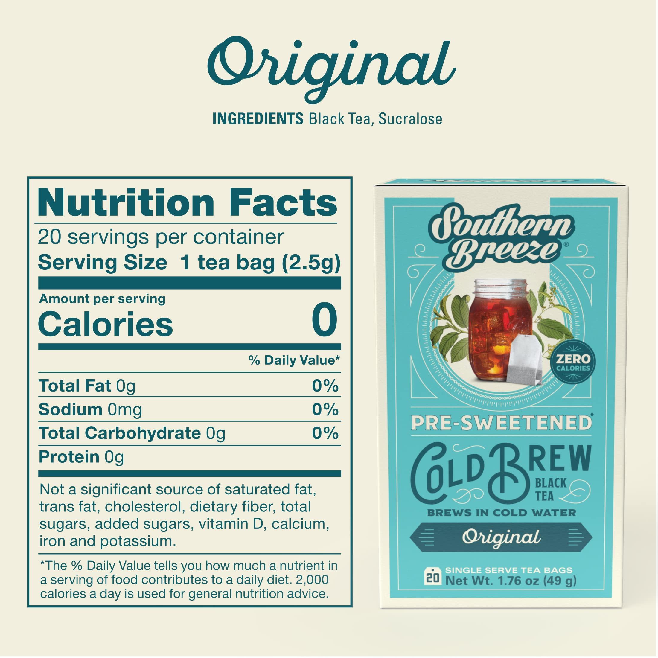 Southern Breeze Southern Breeze Cold Brew Sweet Tea Original Iced Tea with Black Tea and Zero Carbs Zero Sugar, 20 Individually Wrapped Tea Bags Southern Sweet Tea Iced Tea Beverage