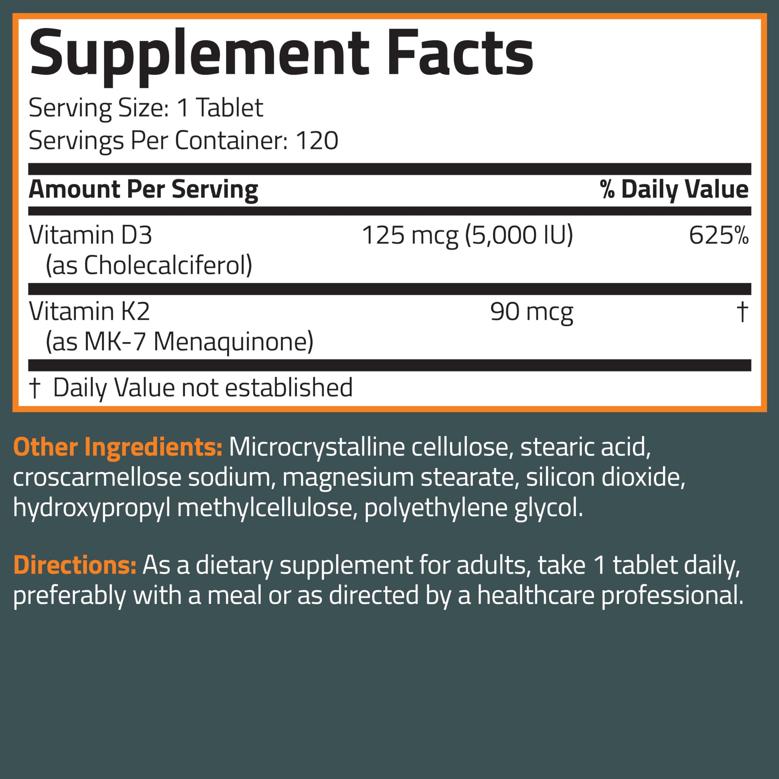 Bronson Bronson Basics Vitamin K2 D3 (MK7) Supplement Non-GMO Formula 5000IU (125 mcg) Vitamin D3 & 90 mcg Vitamin K2 MK-7 Easy to Swallow Vitamin D & K Complex, 120 Tablets