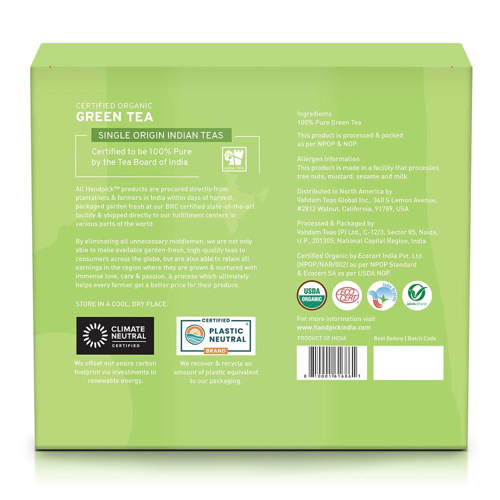 HANDPICK HANDPICK, Organic Green Tea Bags - 100 Eco-Friendly Tea Bags | USDA Organic | Resealable Pack for Freshness | Delicate & Flavory | Direct From India