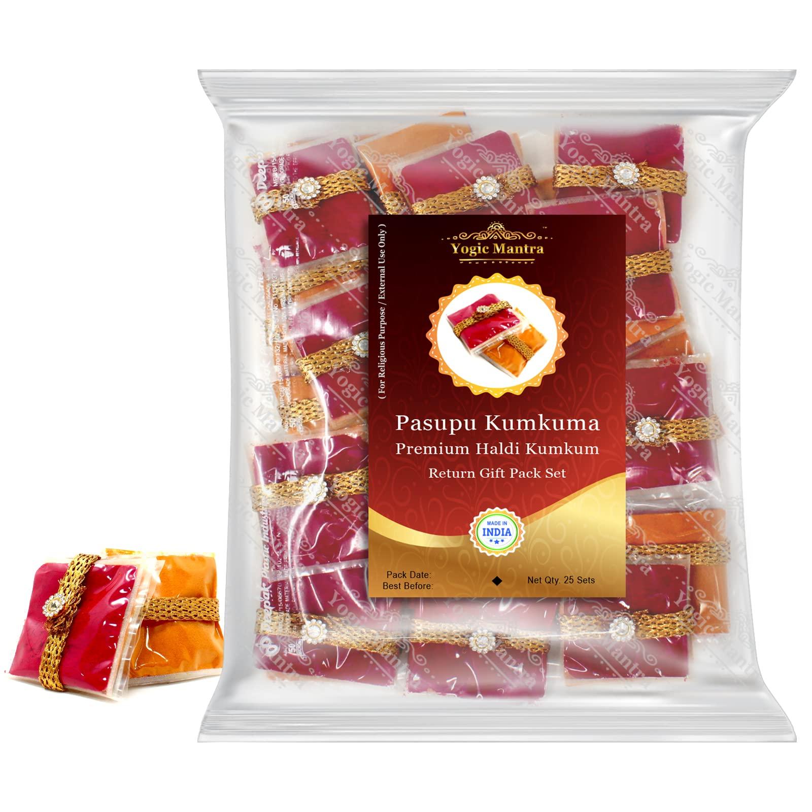 Yogic Mantra Yogic Mantra Pasupu Kumkuma Return Gift Packets | Set of 25 Haldi Kumkum Mini Packs | Premium Kumkum and Turmeric Powder Combo | Indian Thamboolam Set for Durga Puja | Thambulam Give Away Pooja Gifts