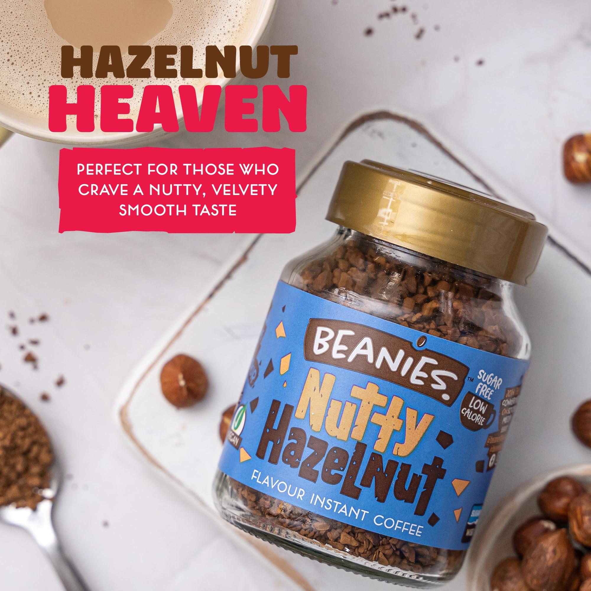 Beanies Beanies Flavour Instant Coffee -Nutty Hazelnut Instant Flavored Coffee - Bold & Adventurous Full-On Flavor - An Indulgent Sugar Free Taste Explosion - Low Calorie - Vegan & Gluten Free - Wheat & Dairy Free, 50g jar