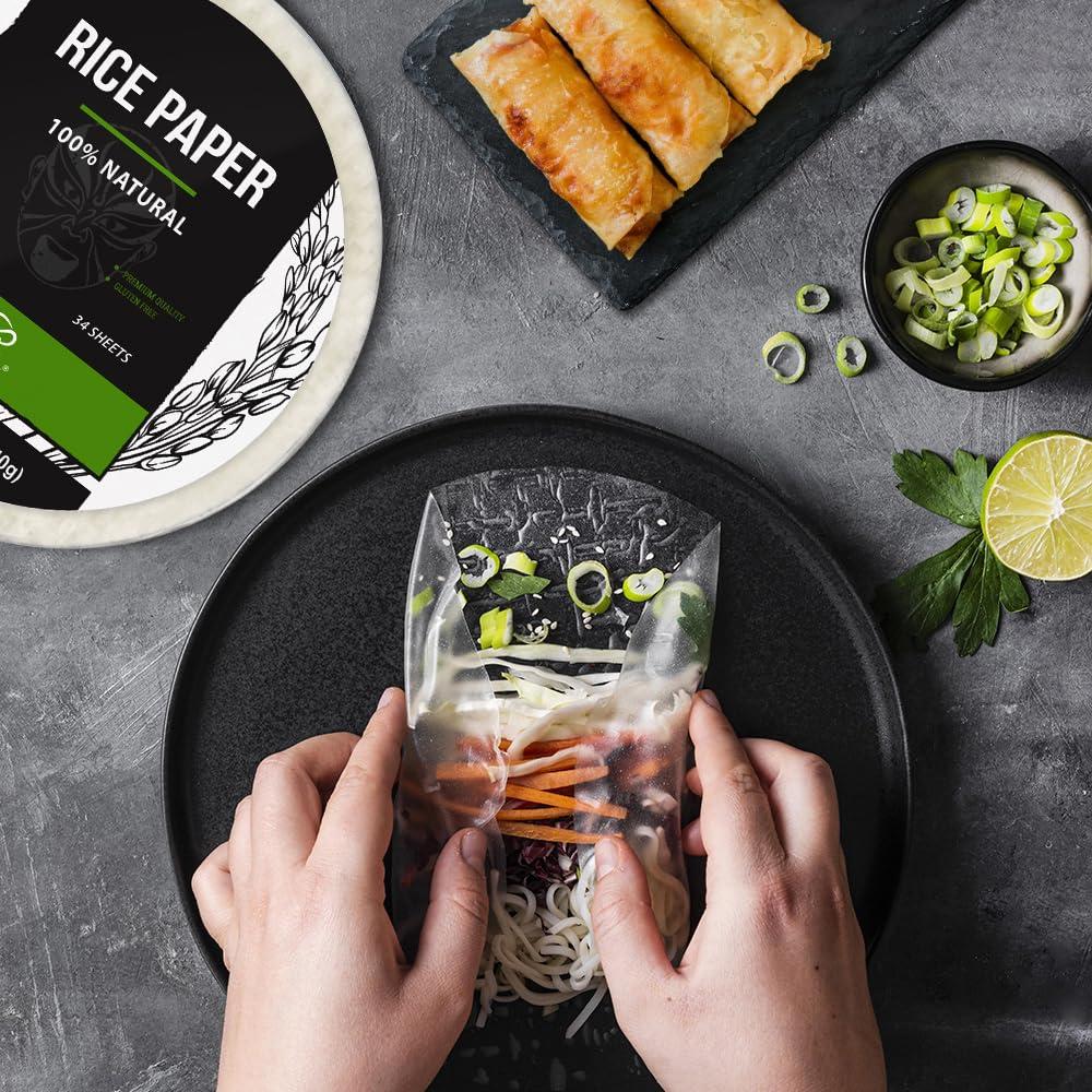 Soeos Soeos Rice Paper, White Rice Paper Wrappers, 1 Pack, 34 Sheets-Fresh Spring Roll Wrappers & Dumplings, Non-GMO, Gluten-Free, Low Carb, Vietnamese Rice Wraps (Round, 22cm)