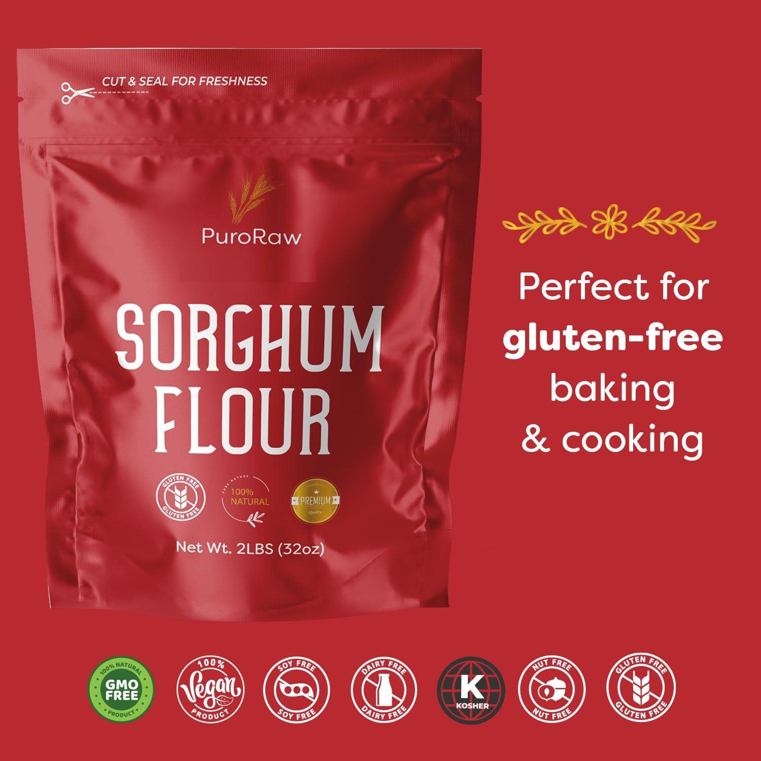 PuroRaw Sorghum Flour, 2lbs, Gluten Free flour, Jowar Flour, Sweet White Sorghum Flour Gluten Free, Sweet Sorghum Flour, Whole Grain, All Natural, Batch Tested, Non-GMO, 2 pounds, By PuroRaw.