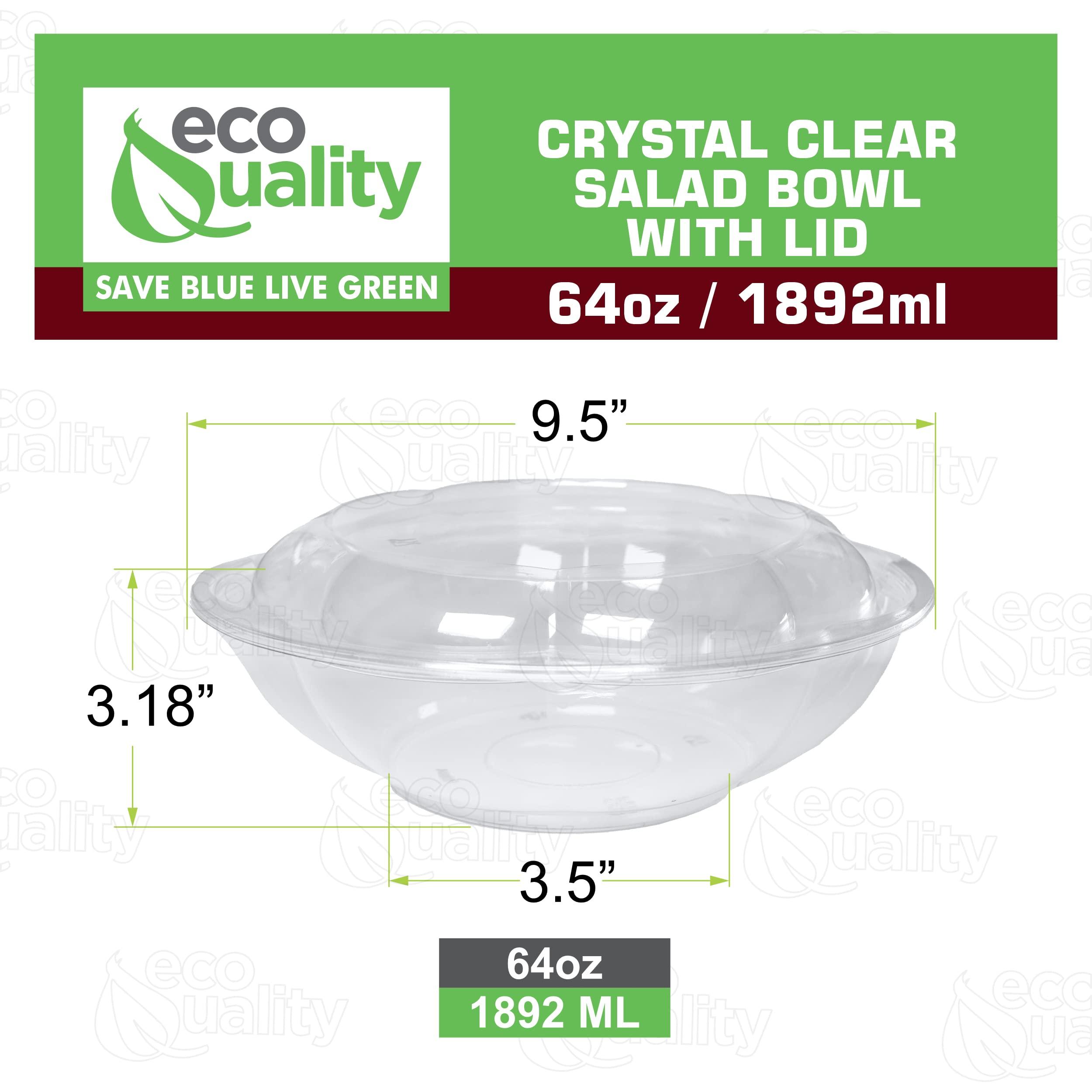 EcoQuality 64oz Salad Bowls To-Go with Lids - Crystal Clear Plastic Disposable Wide Salad Containers | Airtight, Lunch, Salads, Parfait, Fruits, Leak Proof, Airtight, Fresh, Meal Prep | Rose Bowl Container (75)