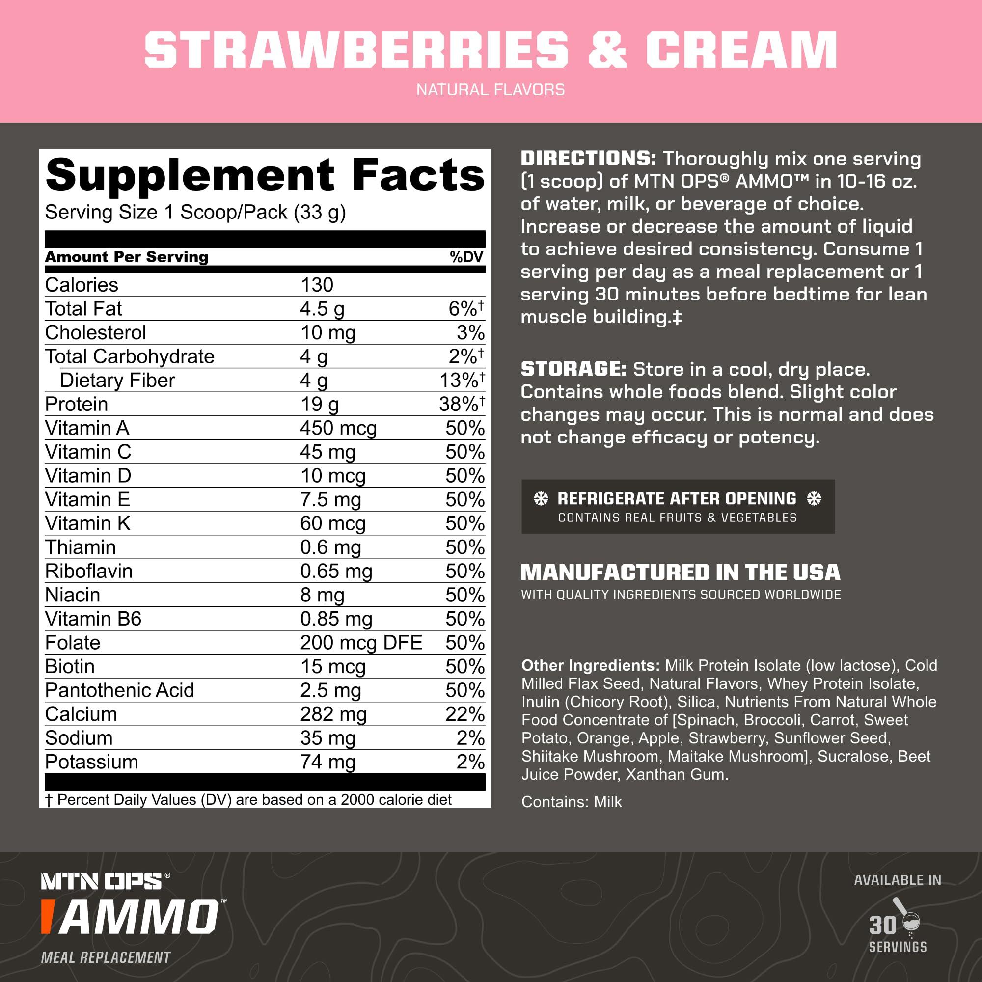 MTN OPS MTN OPS Ammo Protein Powder Meal Replacement Shake for Lean Muscle Building, Strawberries & Cream Flavor, 28 Servings
