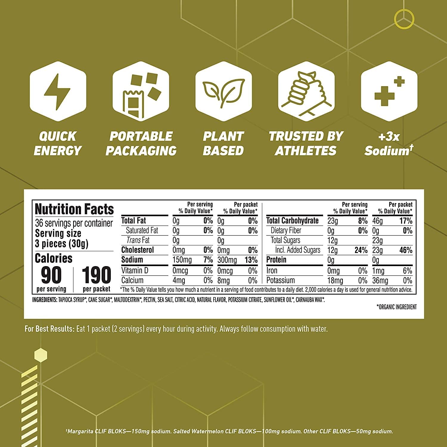 Shot Bloks CLIF BLOKS - Energy Chews - Margarita with Salt 3X Sodium for added Electrolytes- Non-GMO - Plant Based Food - Fast Fuel for Cycling and Running-Workout Snack (2.1 Ounce Packet, 3 Count)