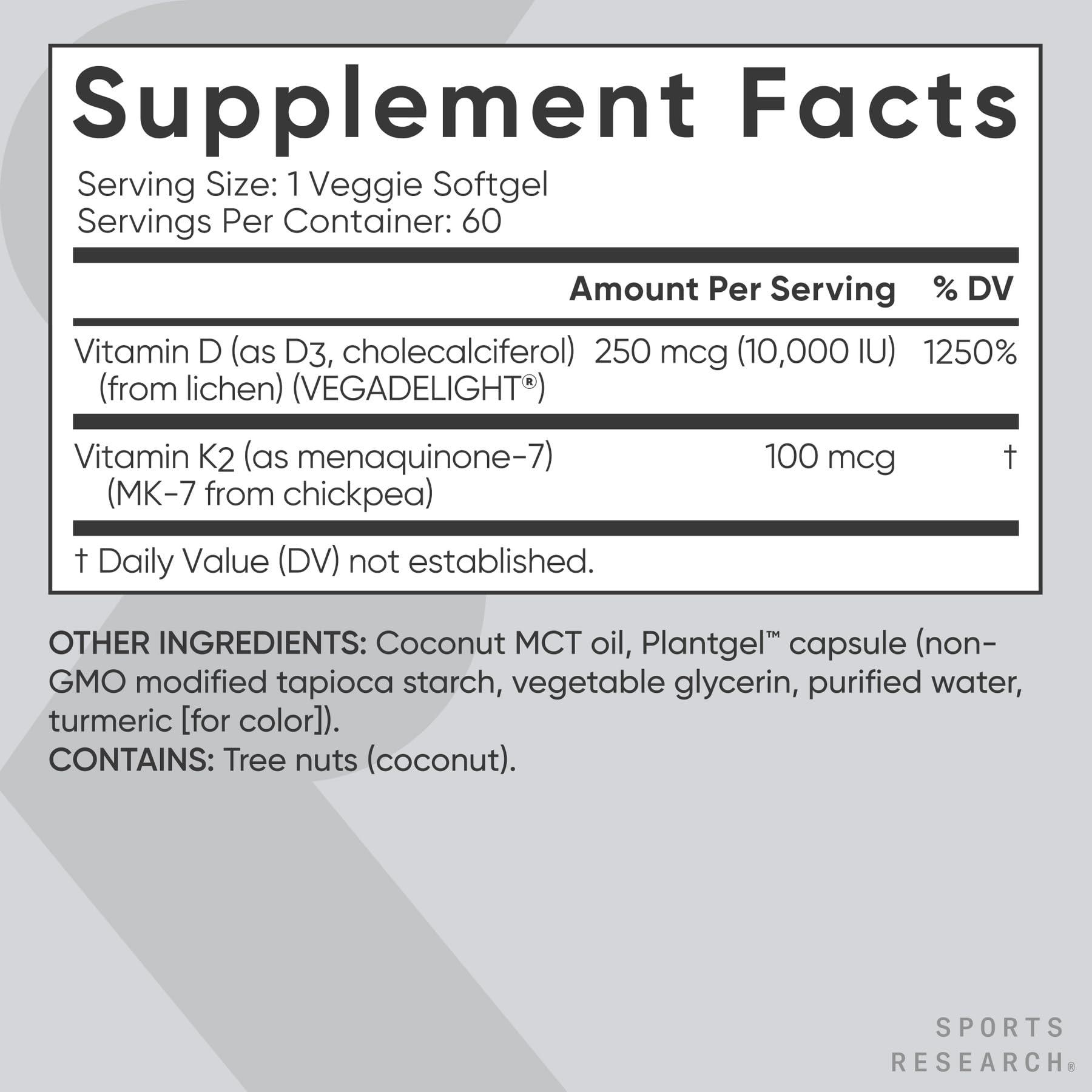 Sports Research Sports Research Vegan D3 10,000iu with Vitamin K2 100mg - Formulated with Coconut MCT Oil - Vegan Certified, Soy & Gluten Free - 60 Softgels
