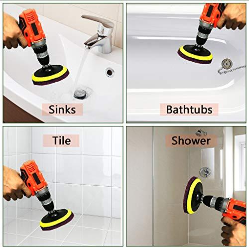 GOH DODD Power Scrub Pads Drill Attachment, GOH DODD 15 Pieces 5 Inch Headlight Restoration Kit Cleaning Kit Scouring Pads with Baker and Universal Shaft for Kitchen, Bathroom, Grout, Carpet, Tub, Grill, Tile