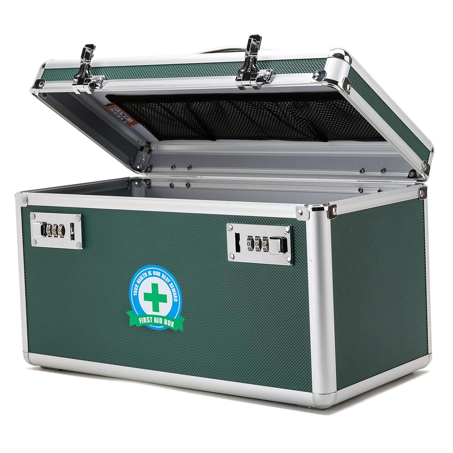 HEWEI WORKS Locking Box with Portable Storage Case, 14.2\'\'x 7.2\'\'x 8.2\'\', Childproof Medicine Organizer with Combination Lock, Lockbox for Money, Documents & Meds Secure Cash, ID Documents (Green/Large)