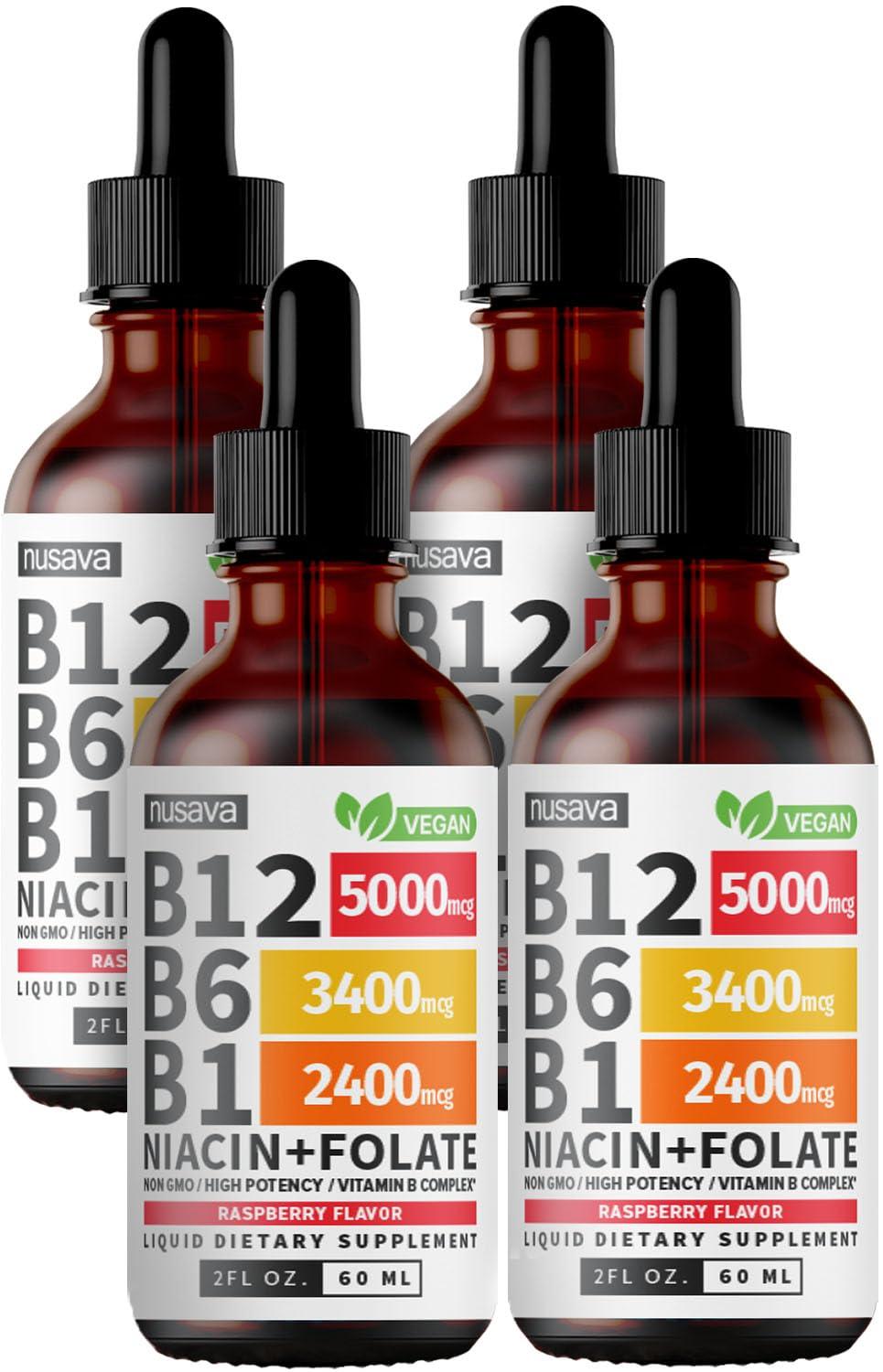 NUSAVA NUSAVA (4 Pack) Vitamin B12 and B6 Liquid Drops, Sublingual Vitamin B Complex B12 Methylcobalamin for Energy, Brain, Heart Support with 27,200 mcg, 80 Servings
