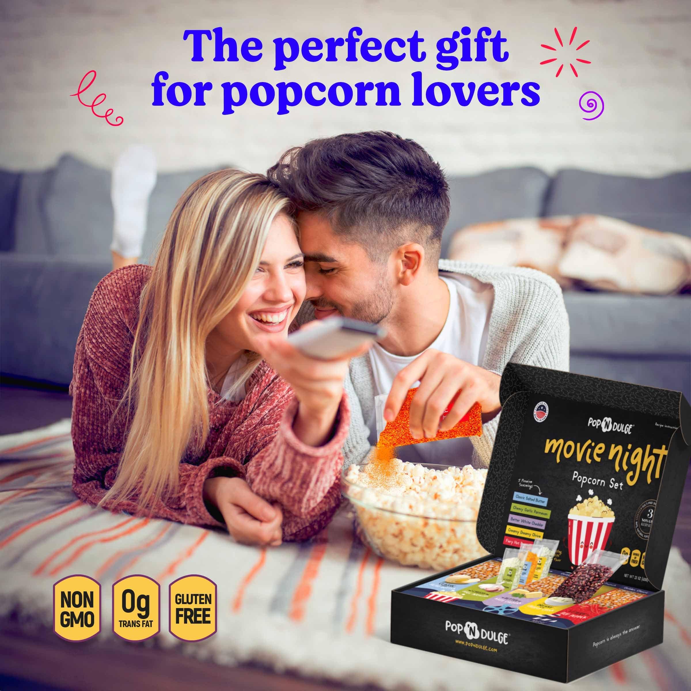 Pop n' Dulge Popcorn Movie Night Supplies Popcorn Kernels Popcorn Seasoning 16 Pack, 5 Gourmet Popcorn Kernels, 5 Popcorn Seasoning Variety Packs Non-GMO Snacks, Includes 6 Bags, Gift Basket Idea