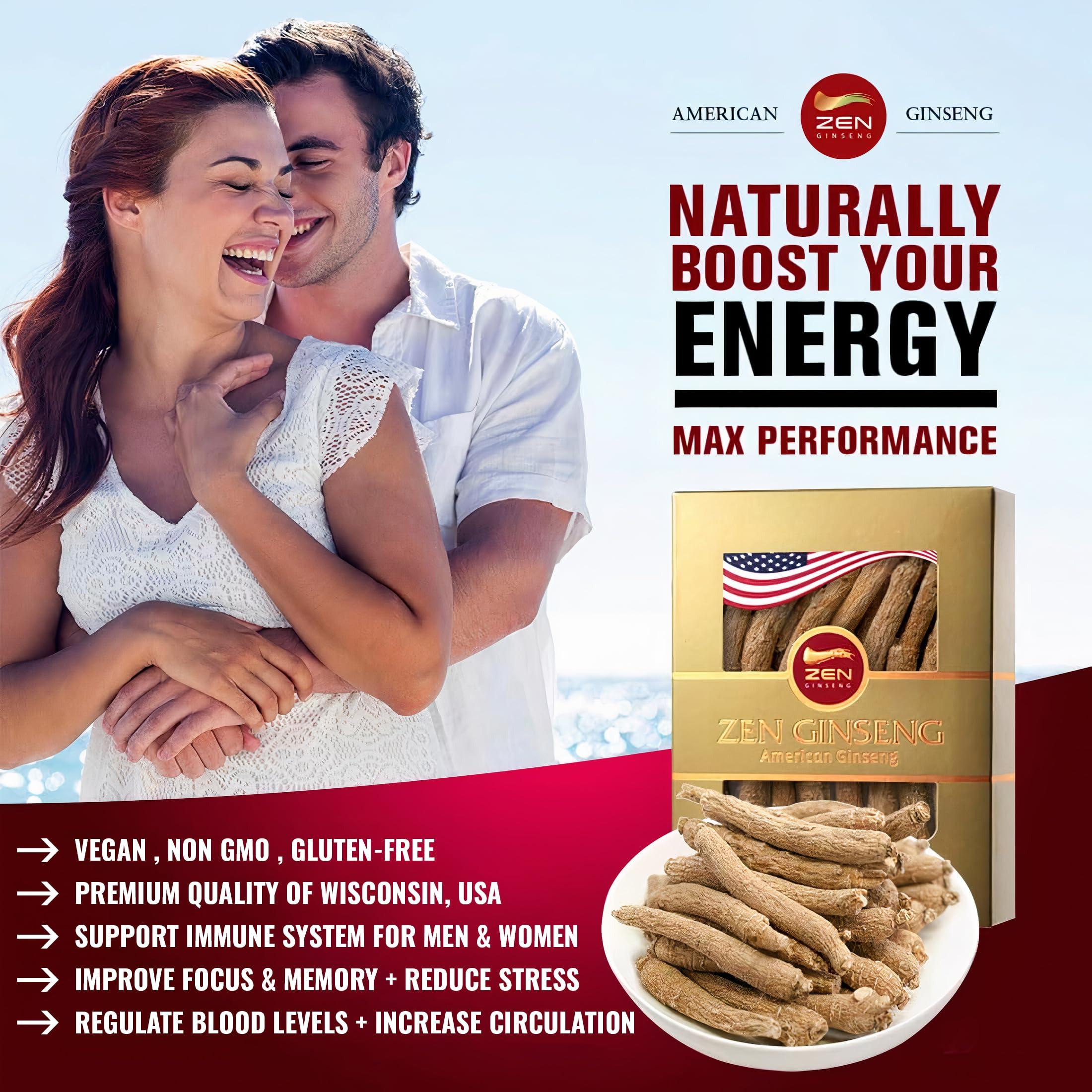 Zen Ginseng 1 Box of American Wisconsin Ginseng Small Long Root - Premium Quality Panax Ginseng. Boosts Body Immunity, Energy for Men & Women (4oz)