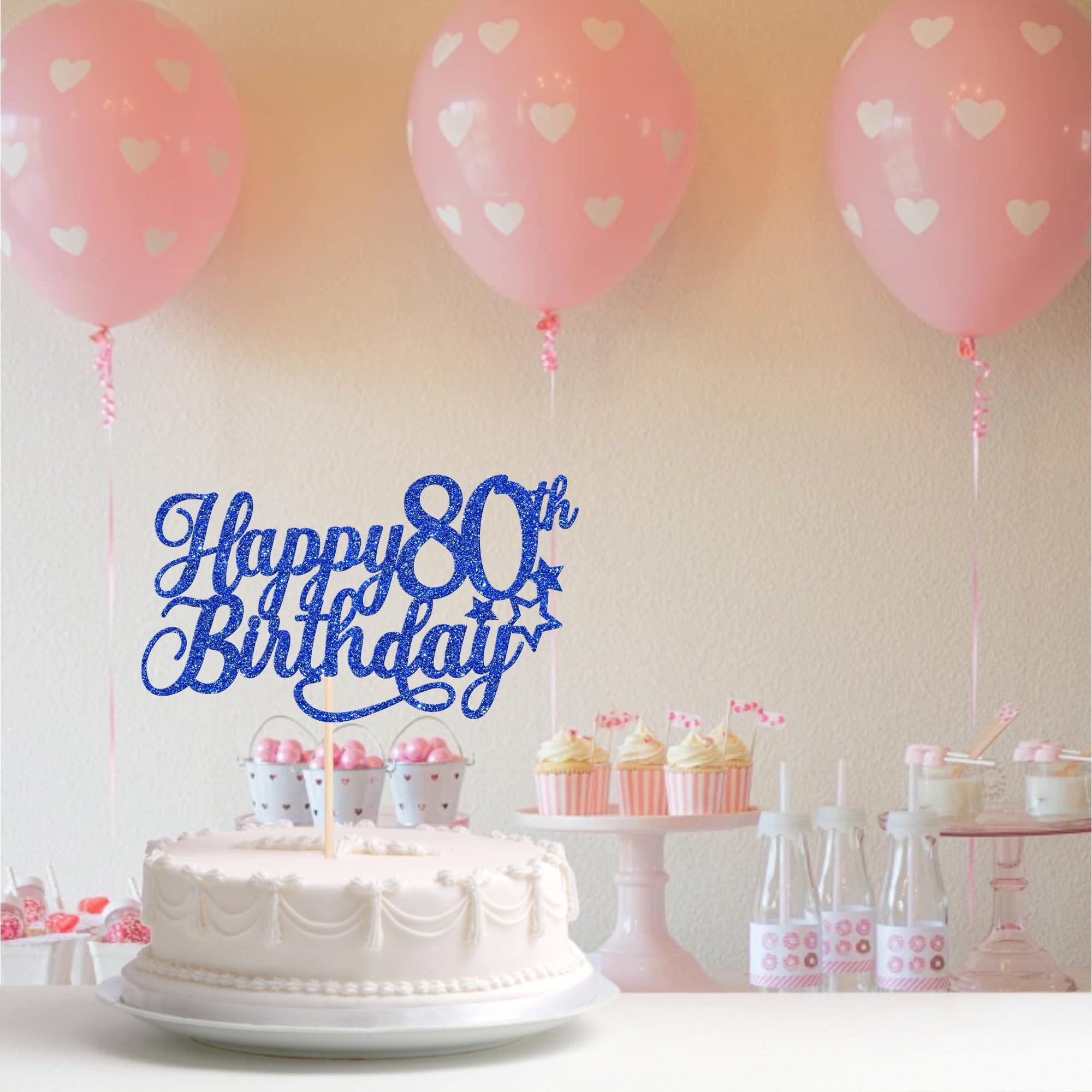 YCTHUNFISH 1 Pack Happy 80th Birthday Cake Topper Glitter Little Star Cheers to 80 Cake Pick 80 Fabulous Cake Decorations for 80th Birthday Anniversary Theme Party Supplies Blue
