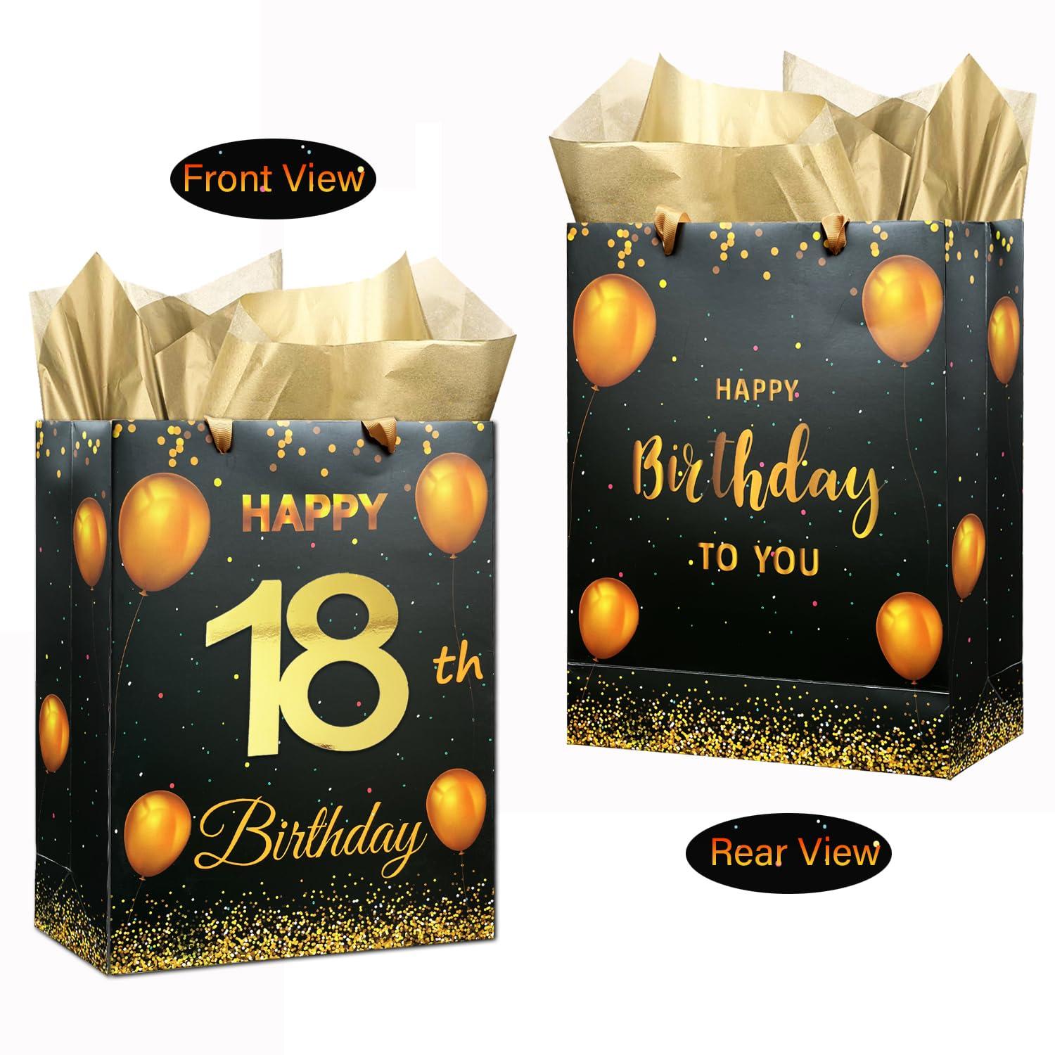 icanstand icanstand Black Gold 18th Birthday Gift Bag with Greeting Card, Envelope and Tissue Paper for Men Women, 13\" Large Gift Wrap Bag with Handles for Birthday Party Decorations Supplies (18th)