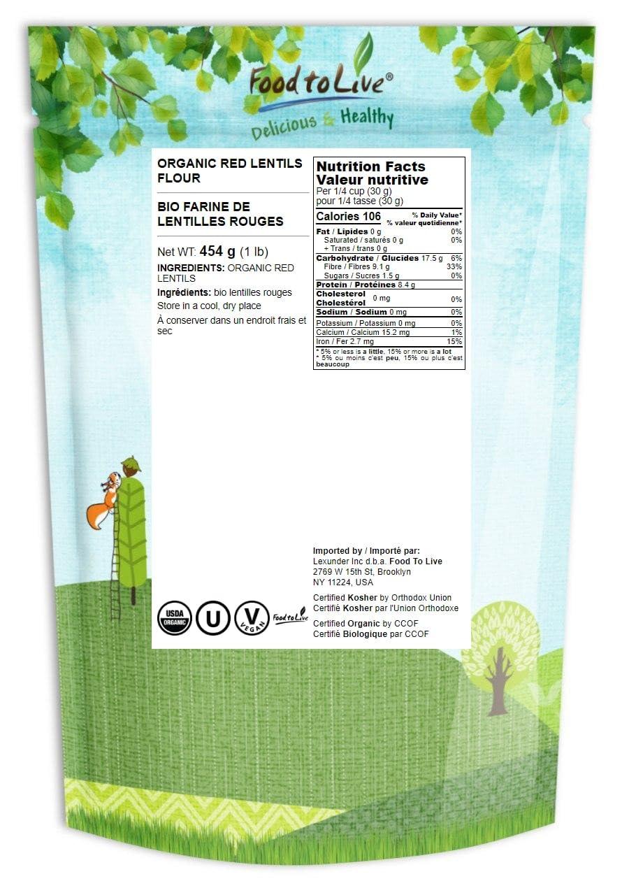 Food to Live Food to Live Organic Red Lentil Flour, 1 Pound Non-GMO, Finely Ground, Pure, Raw, Keto, Nutritious Vegan Powder in Bulk. Good Source of Protein and Fiber. Great for Baking, Pizza, Pasta, Lasagna