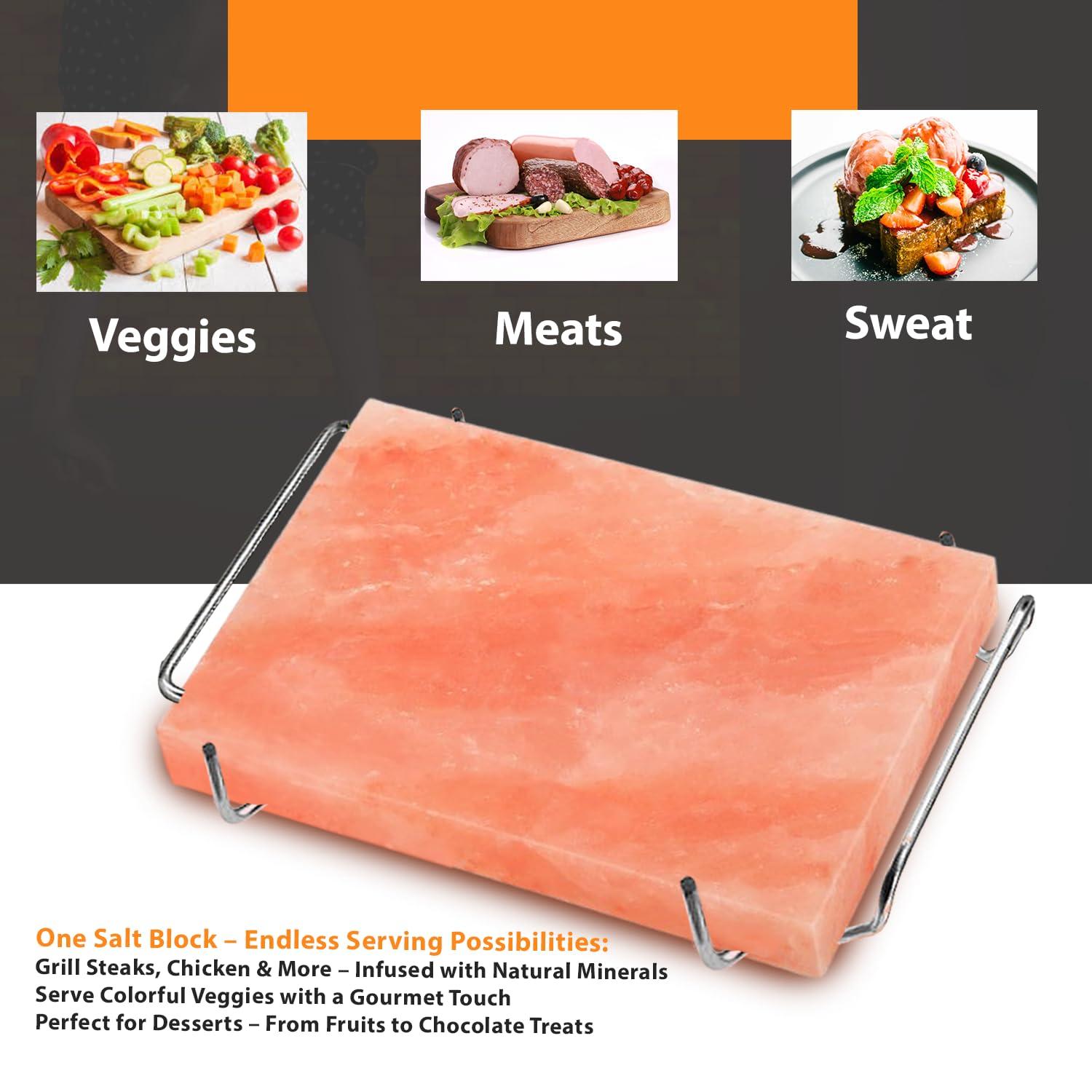 ZKTRADING ZK Himalayan Salt Block with Steel Tray for Grilling- Cooking, Cutting, and Serving, 12x8x1.5, Food Grade Rock Salt Plate, Salt Slab a Unique Gift for Men, Women, Chefs & Cooks