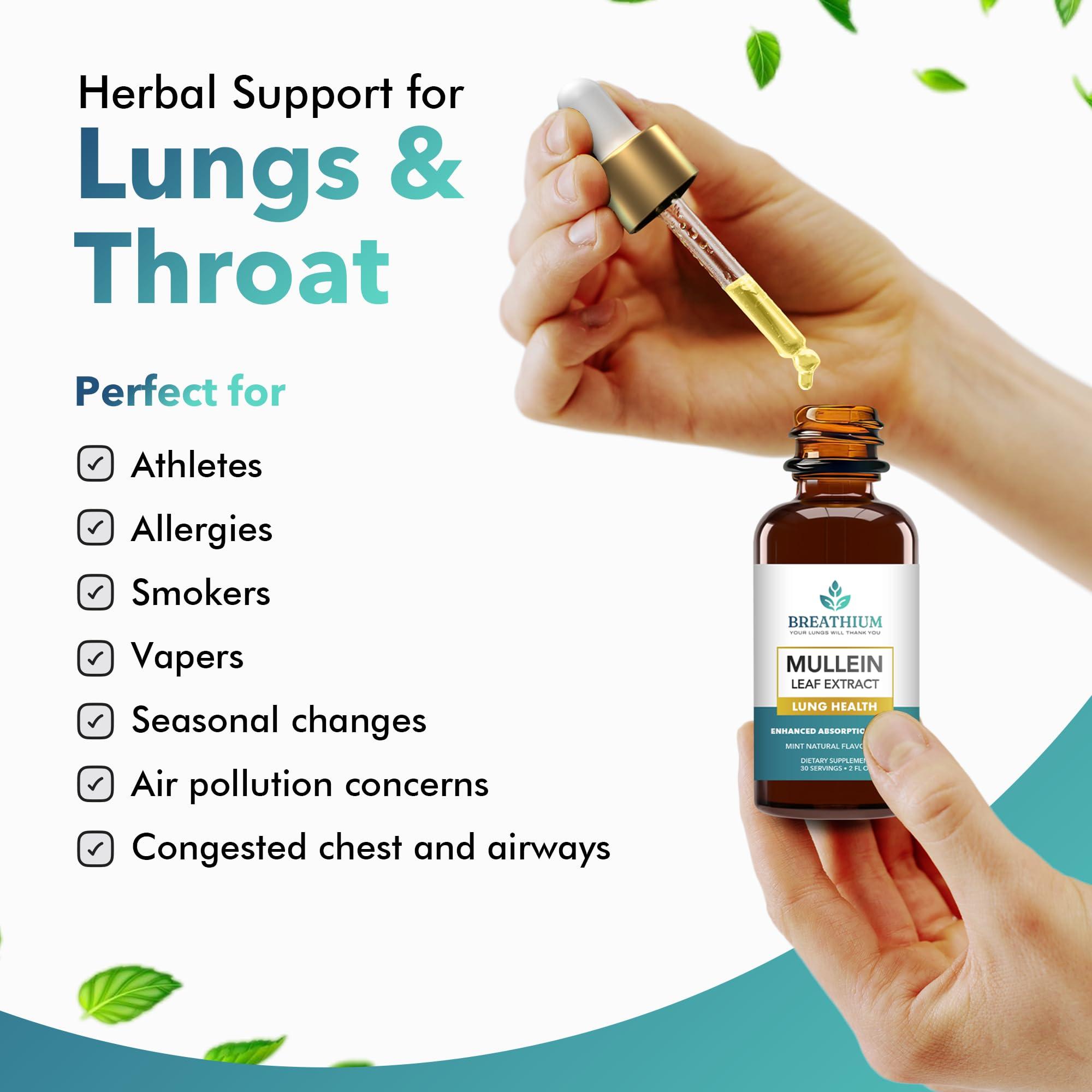 BREATHIUM BREATHIUM Organic Mullein Drops for Lungs  Rapid Mucus & Sore Throat Relief  Liposomal Mullein Leaf Extract Supplement for Healthy Breathing  Sunflower Lecithin, & Peppermint Tea  Made in USA