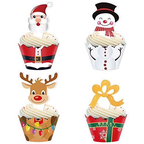 Omgouue Christmas Cupcake Toppers and Wrappers Party Supplies/Favors - Snowman/Santa Claus/Reindeer/Gift Box 48 set