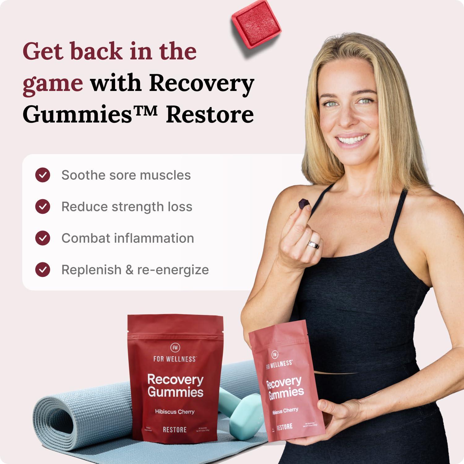 For Wellness Recovery Gummies - Tart Cherry Gummies for Muscle Recovery - Hibiscus Cherry Flavor with Antioxidants & Electrolytes Combats Soreness, Fights Inflammation, Boosts Energy - Vegan, Non-GMO, Gluten-Free