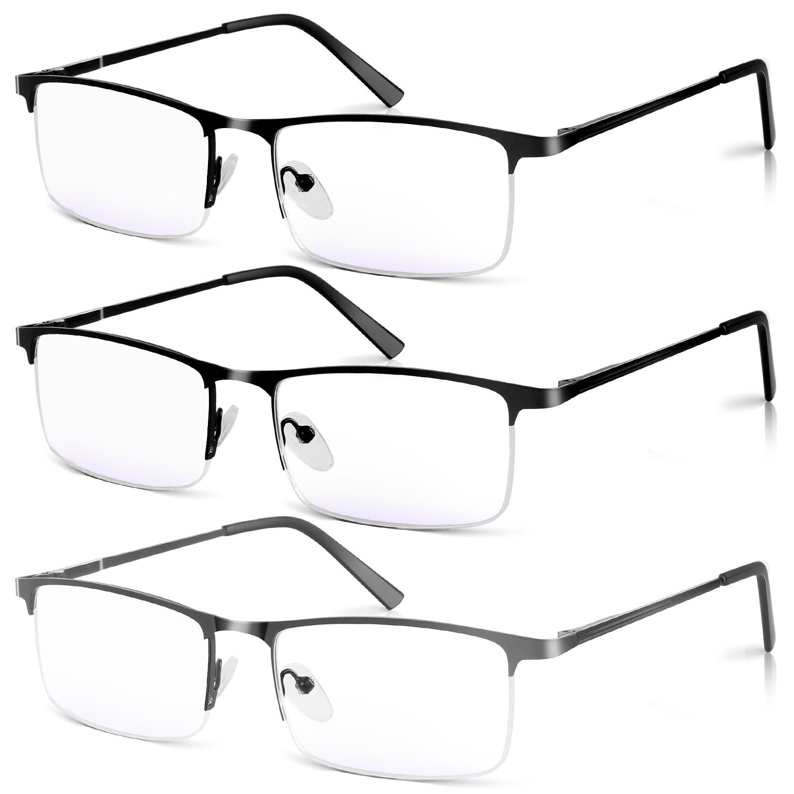 WEIMELTOY WEIMELTOY 3 Pack Blue Light Blocking Reading Glasses for Men, Stylish Half Frame Metal Computer Readers, Lightweight Spring Hinge Eyeglasses Anti Eyestrain/Glare/UV (2PCS Black+1PCS Gray,+1.75)