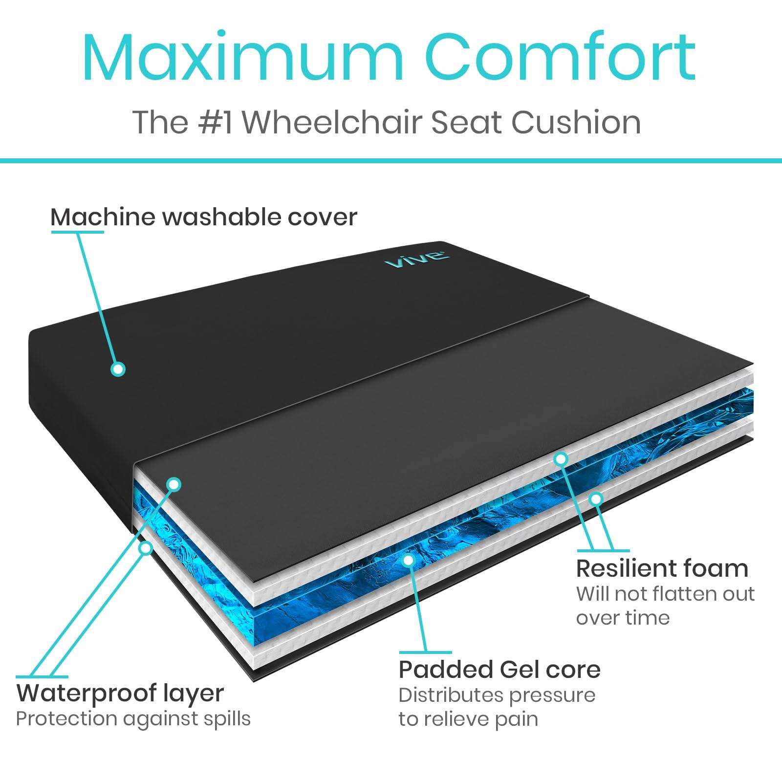 Vive Vive Wheelchair Cushion - Gel Seat Pad for Coccyx, Orthopedic Back Support, Sciatica & Tailbone Pain Relief - Waterproof Cover + 4 Layer Foam Support and Comfort - for Pressure Sores (22\" x 18\" x 3\")