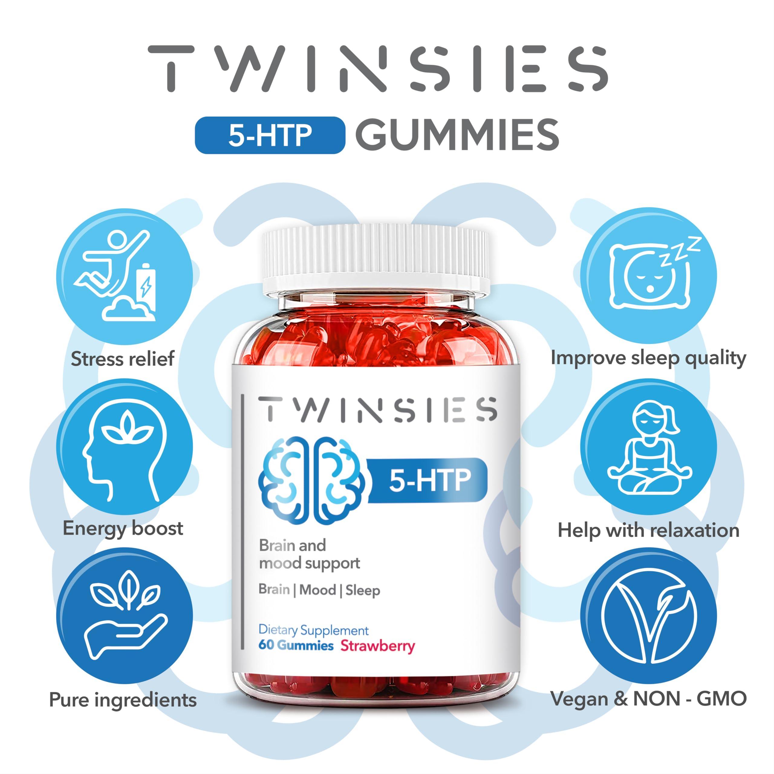 Twinsies Twinsies 5-HTP Gummies 200mg with L-Tryptophan Supplement for Brain, Mood Stabilizer and Sleep Support, 60 Strawberry Gummies (Strawberry)
