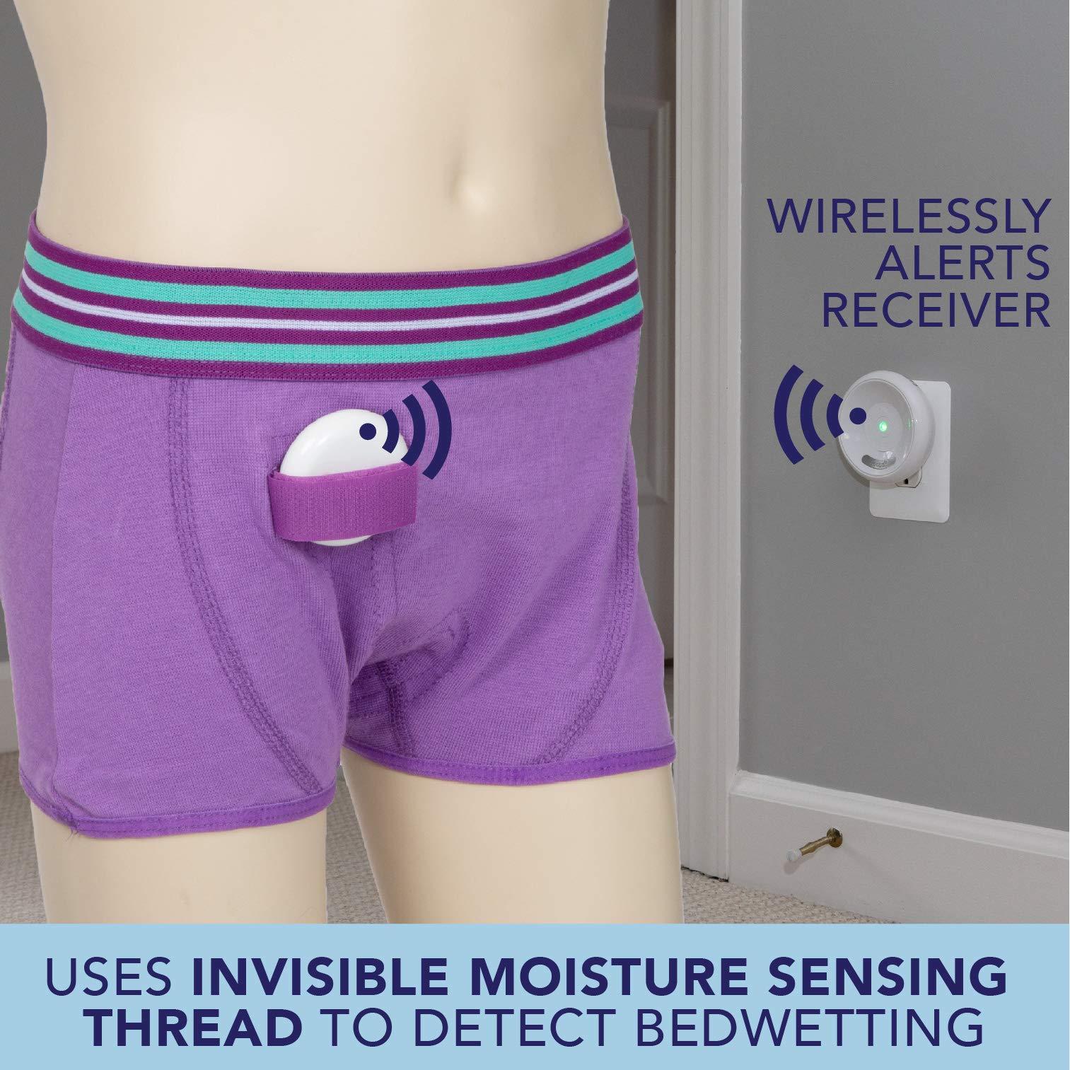 dry defender Rodger Wireless Bedwetting Alarm Kit - Most Effective System for Kids - Two Moisture Sensing Briefs, Waterproof Pad, Guide Book, Mobile App - Child, Lavender, Medium