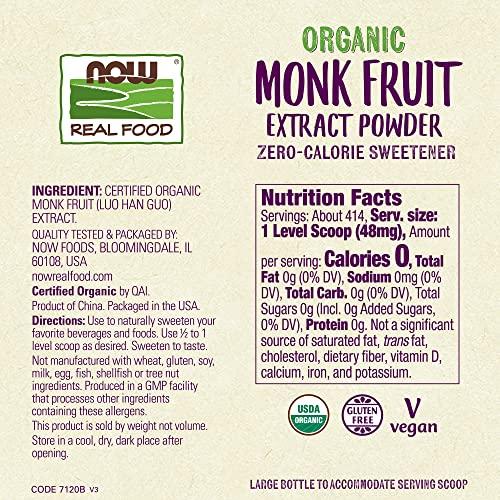 NOW NOW Foods, Certified Organic Monk Fruit Extract Powder, Zero Calorie Sweetener, Large Bottle for Serving Scoop, Certified Non-GMO, 0.7-Ounce