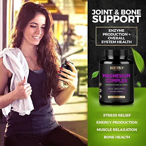 NURTURLY Magnesium Citrate & Oxide 500mg Complex Supplement - High Absorption Maximum Strength - Helps Support Bone Density and Strength, Muscles, Energy and Sleep - 360 Vegan Capsules