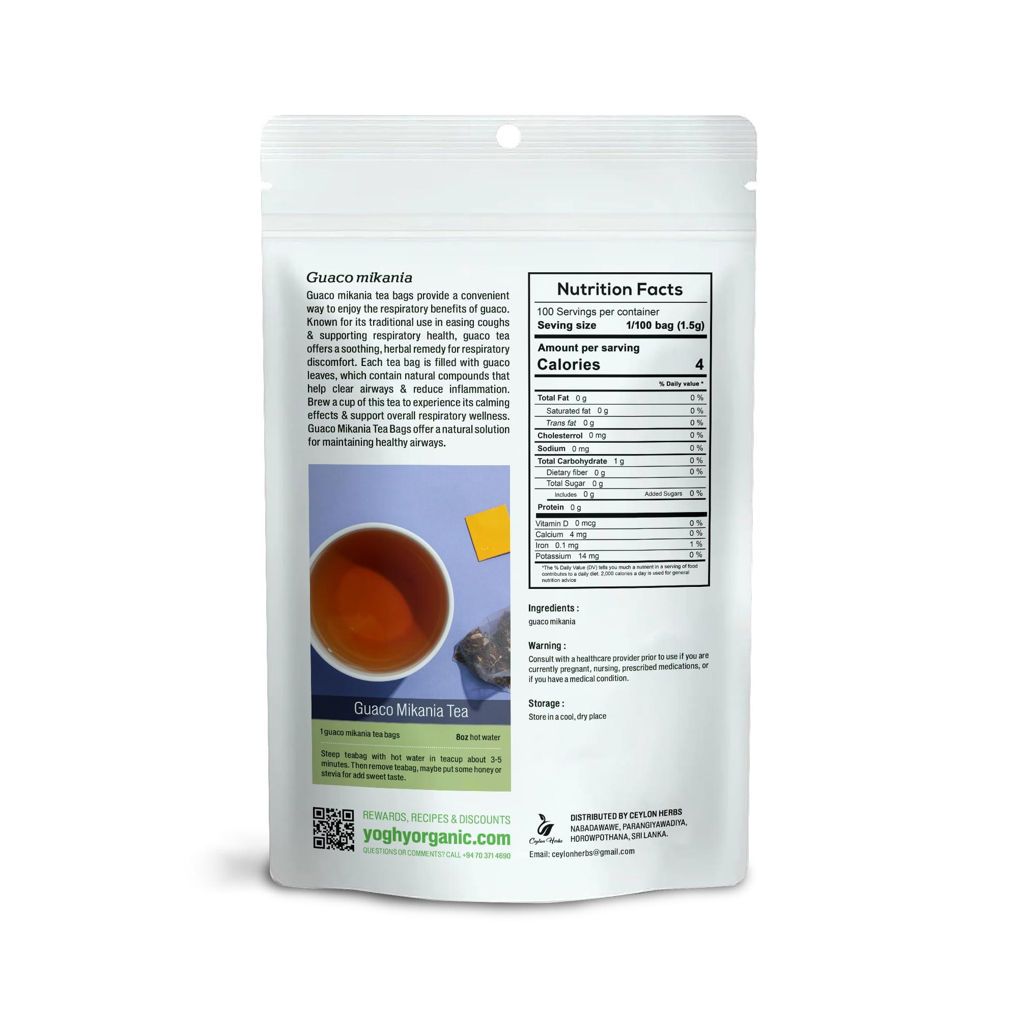 CEYLON HERBS 100 Guaco Mikania Tea Bags - 100% Pure, Organic, Wild-Crafted Herbal Tea Bags for a Refreshing, Earthy Brew