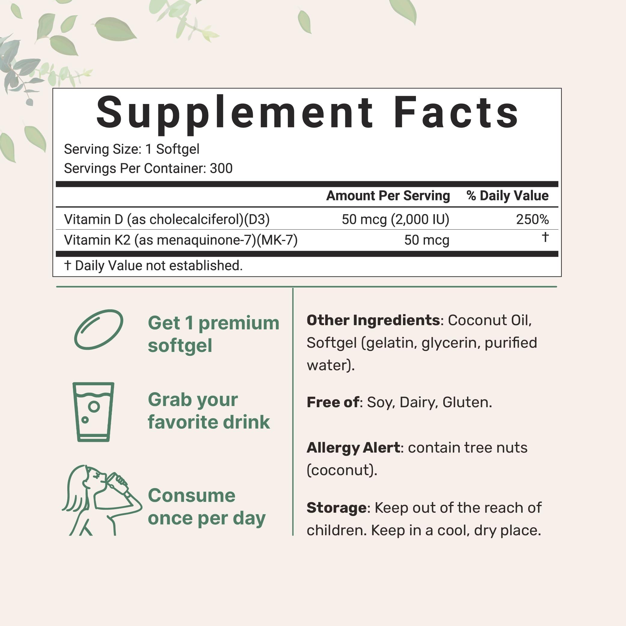 Micro Ingredients Vitamin D3 2,000 iu Plus K2 (MK-7) 50 mcg, 300 Virgin Coconut Oil Softgels | 2 in 1 Vitamins D & K Complex | Supports Calcium Absorption, Bone, Immune, & Heart Health Easy to Swallow