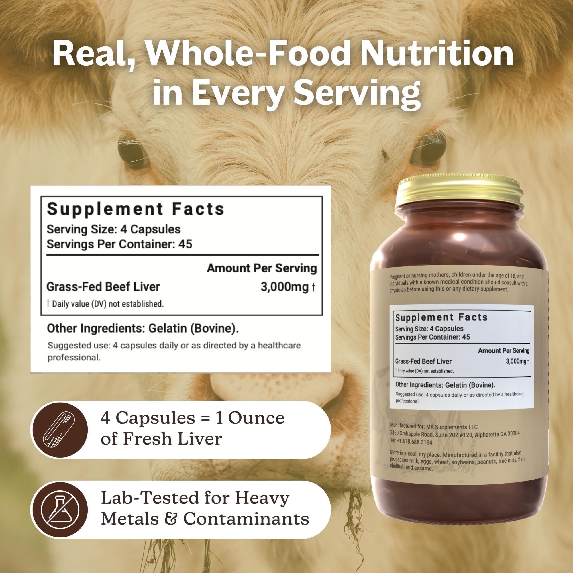 MK Supplements MK Supplements Grass Fed Beef Liver 3000 mg, Freeze-Dried Beef Liver Capsules, 100% Pasture-Raised in New Zealand, 180 Liver Capsules, 45-Day Supply