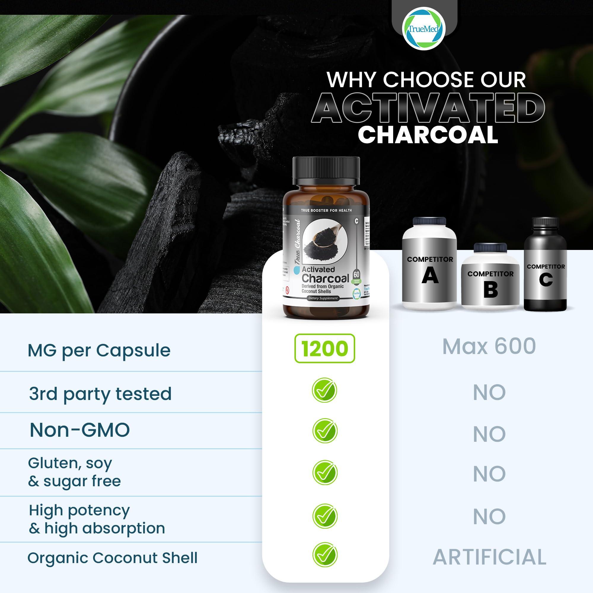 TRUEMED TRUEMED Activated Charcoal Organic Coconut Shell Derived Charcoal Capsule,1200mg, 60 Capsules, Support Detox & Digestive Health, Activated Charcoal Capsules for Health-Conscious Individuals