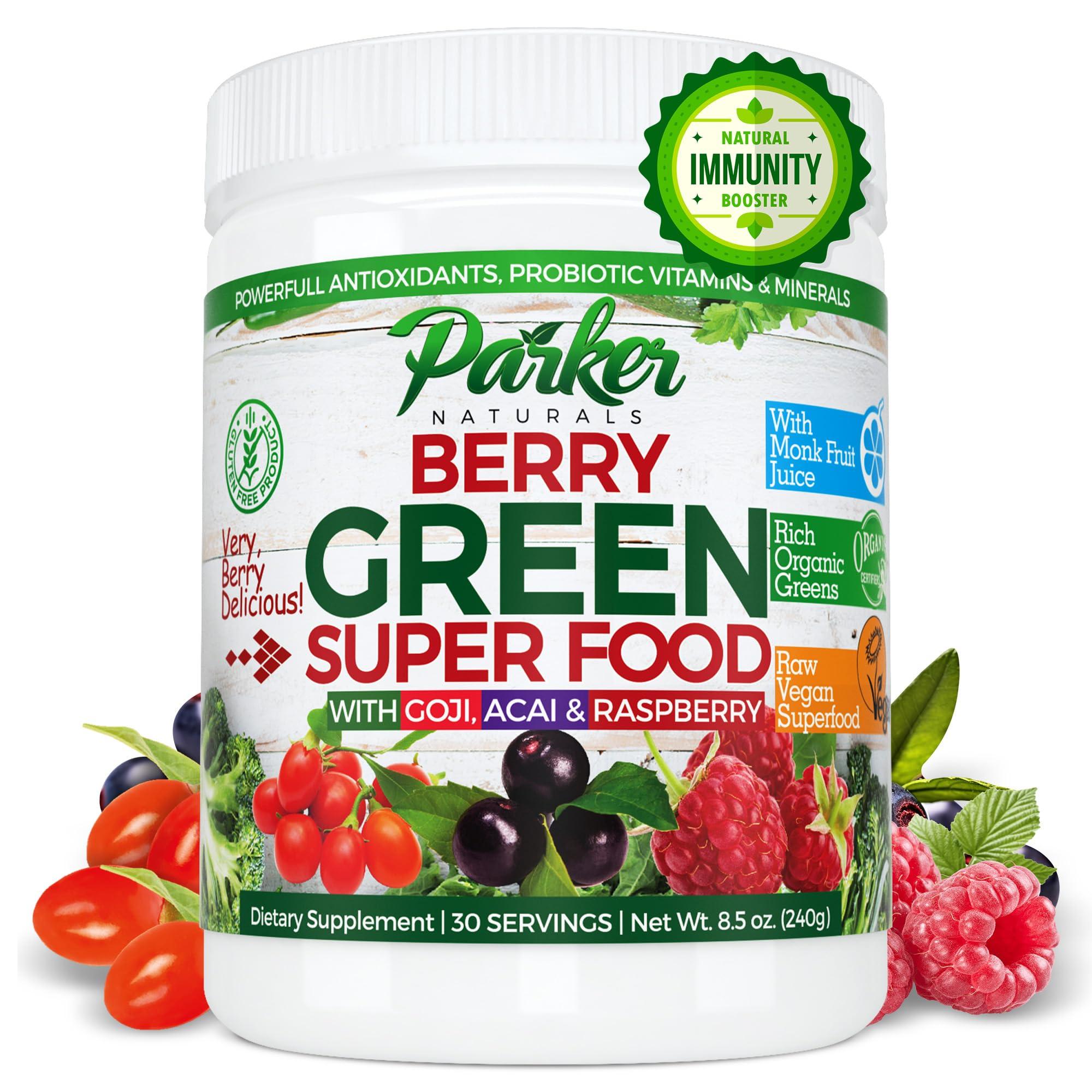 Parker Naturals Parker Naturals Berry Greens Superfood Powder, Organic Green Powder with Enzymes, Probiotics, Antioxidants, and Vitamins, Vegan Green Juice Powder Mix, 240 Grams