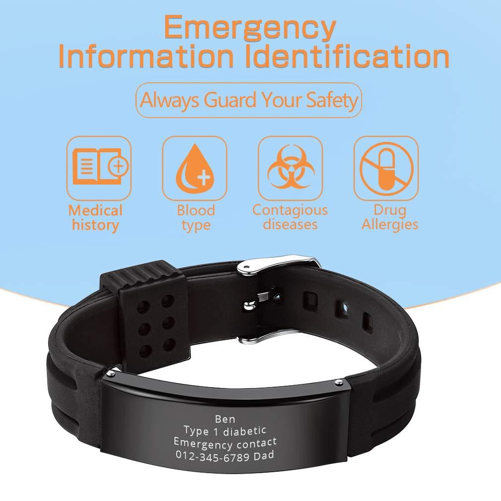 Supcare Supcare Free Engraving Silicone Adjustable Medical Bracelets Sport Emergency ID Bracelets for Men Women Kids Waterproof Stainless Steel Rubber Alert Bracelets