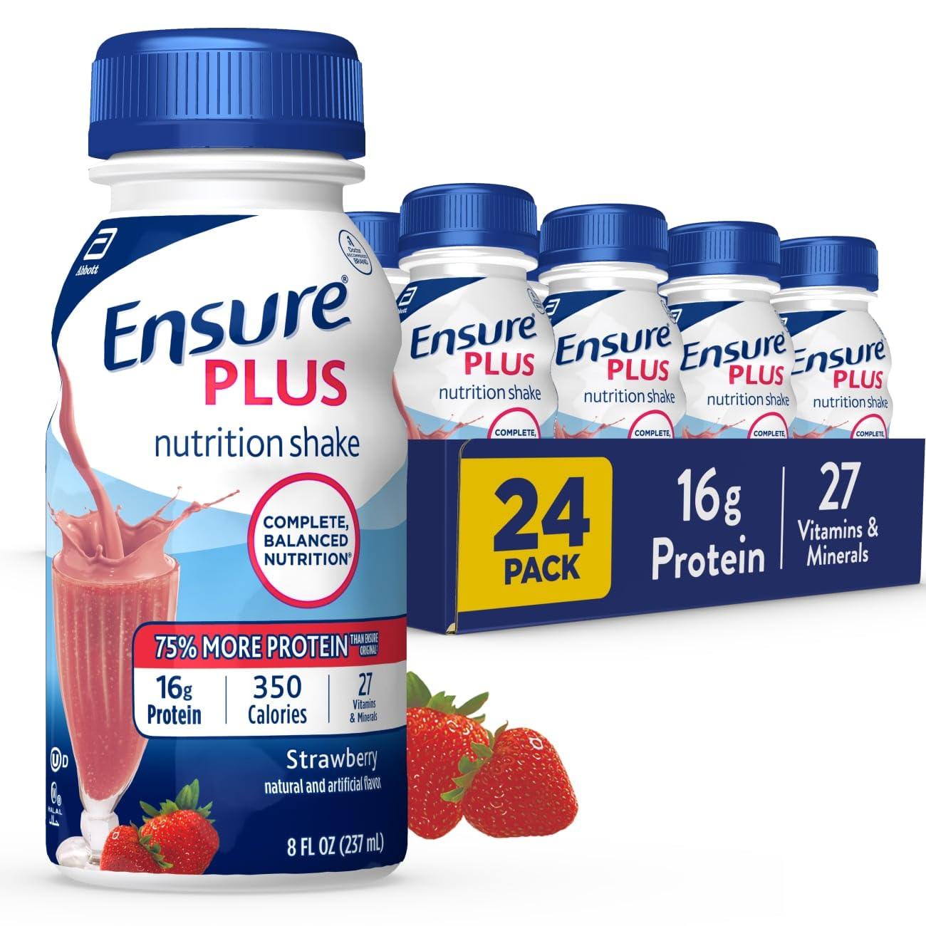 Ensure Ensure Plus Strawberry Nutrition Shake With Fiber | Meal Replacement Shake | Ready To Drink | 16g Protein and 27 Vitamins and Minerals | 8 fl oz - 24 Pack