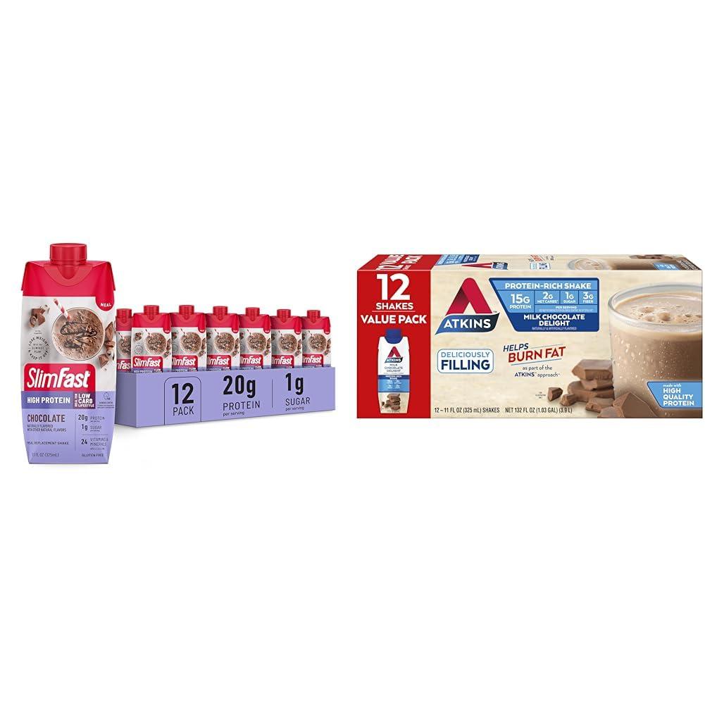 SlimFast SlimFast Protein Shake & Atkins Milk Chocolate Delight Protein Shake, 15g Protein, Low Glycemic, 2g Net Carb, 1g Sugar, Keto Friendly, 12 Count
