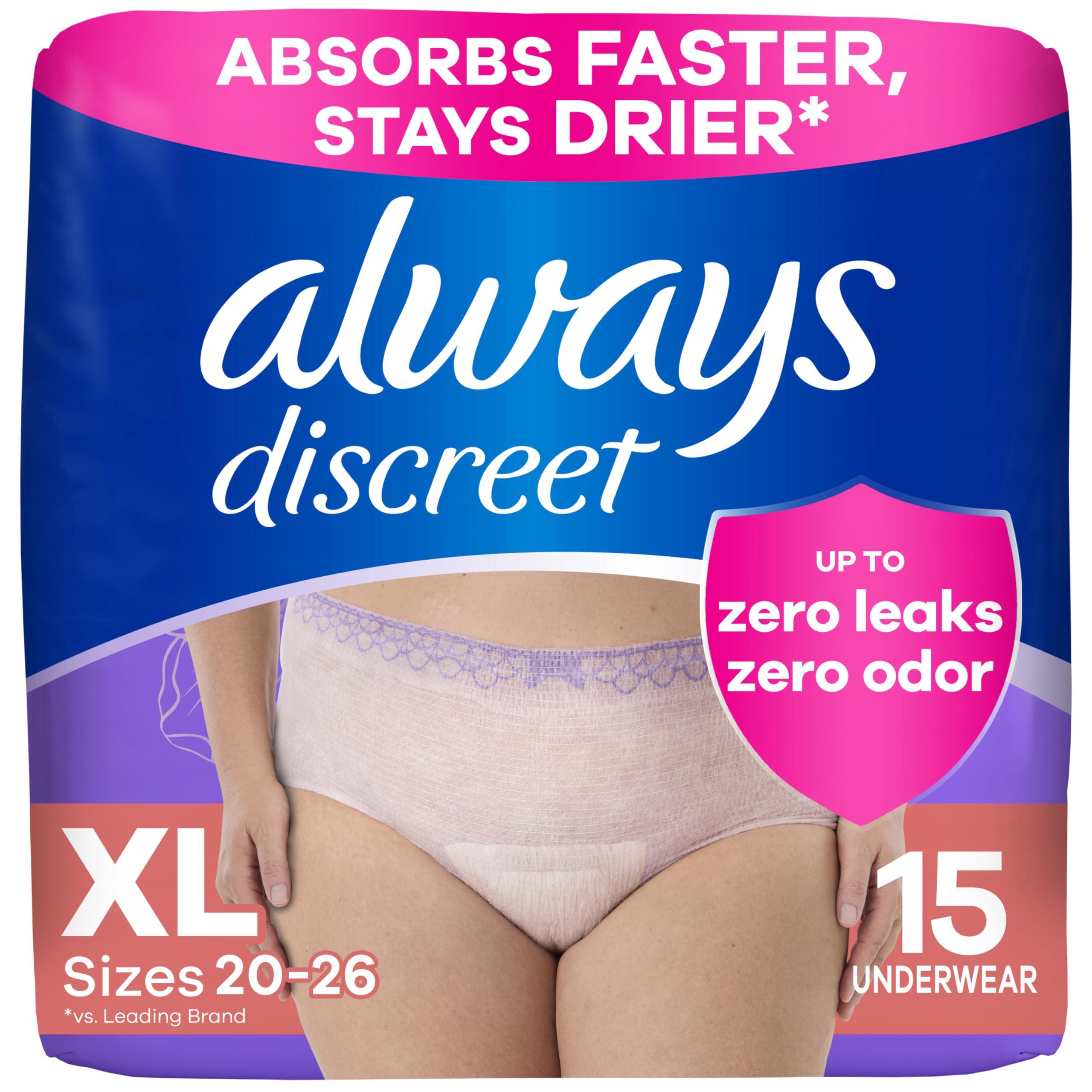 Always Discreet Always Discreet Adult Incontinence & Postpartum Underwear For Women, Classic Cut, Size X-Large, Maximum Absorbency, Disposable, 15 Count (Pack of 1) (Packaging May Vary)