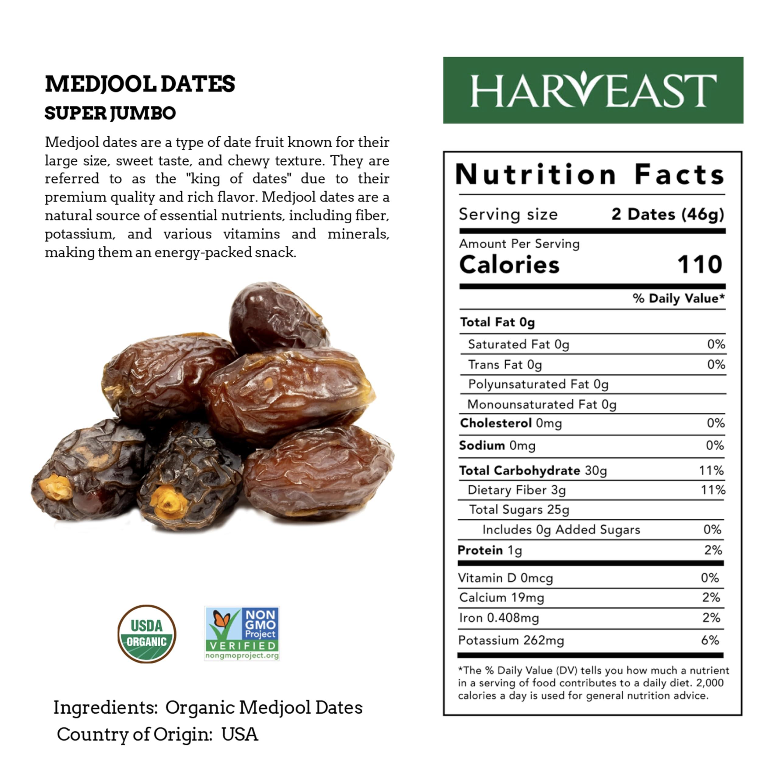 HARVEAST Harveast Organic Medjool Dates California Grown Jumbo Dates, Naturally Sweet, Healthy Snacking, Caramel Flavor, Pesticide, Free No Sugar Added Resealable Bag for Freshness, Baking (1 pounds)