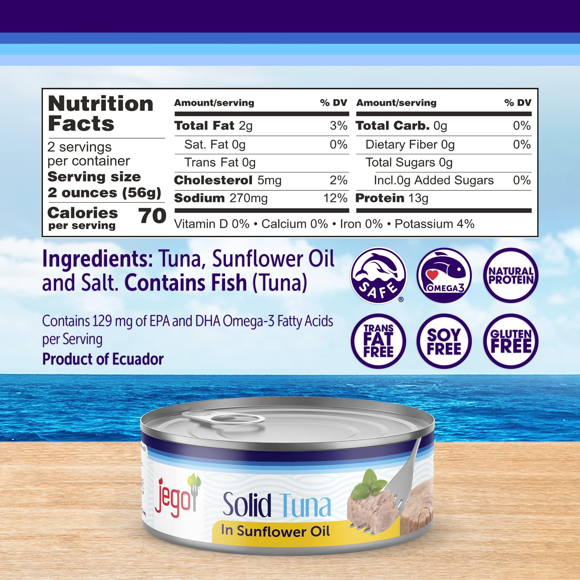 JEGO Jego Solid Tuna in Sunflower Oil | Wild Natural Catch Tuna | Keto | Low Carb | Gluten Free | Soy Free | Canned | Ready to eat | Pack of 12 | 5oz can