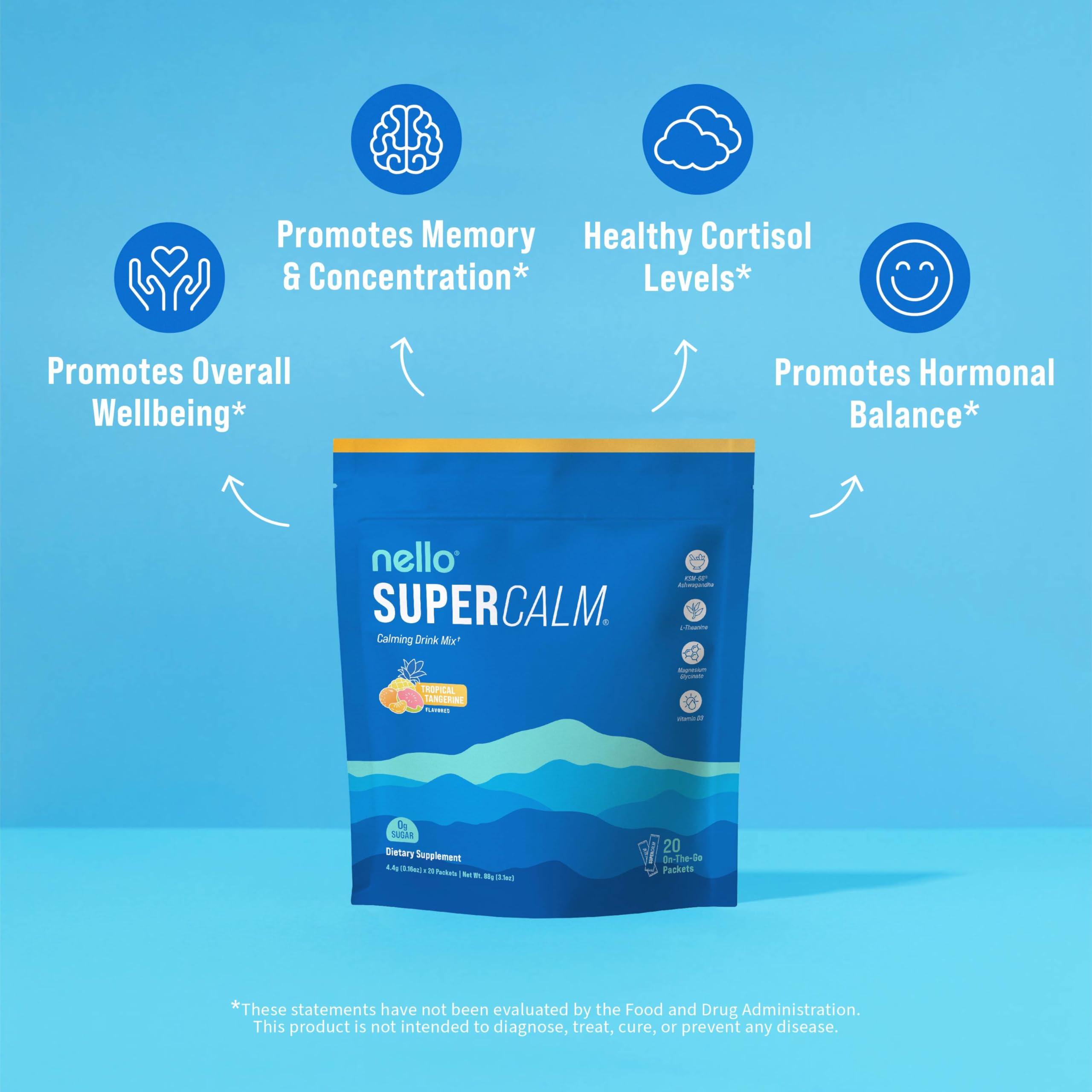 Nello Nello Supercalm Powdered Drink Mix, Tropical Tangerine, L Theanine, Ksm-66 Ashwagandha, Magnesium Glycinate, Vitamin D 3, Supplements for Relaxation & Focus, Natural, No Sugar, Non GMO, 20 Srvg